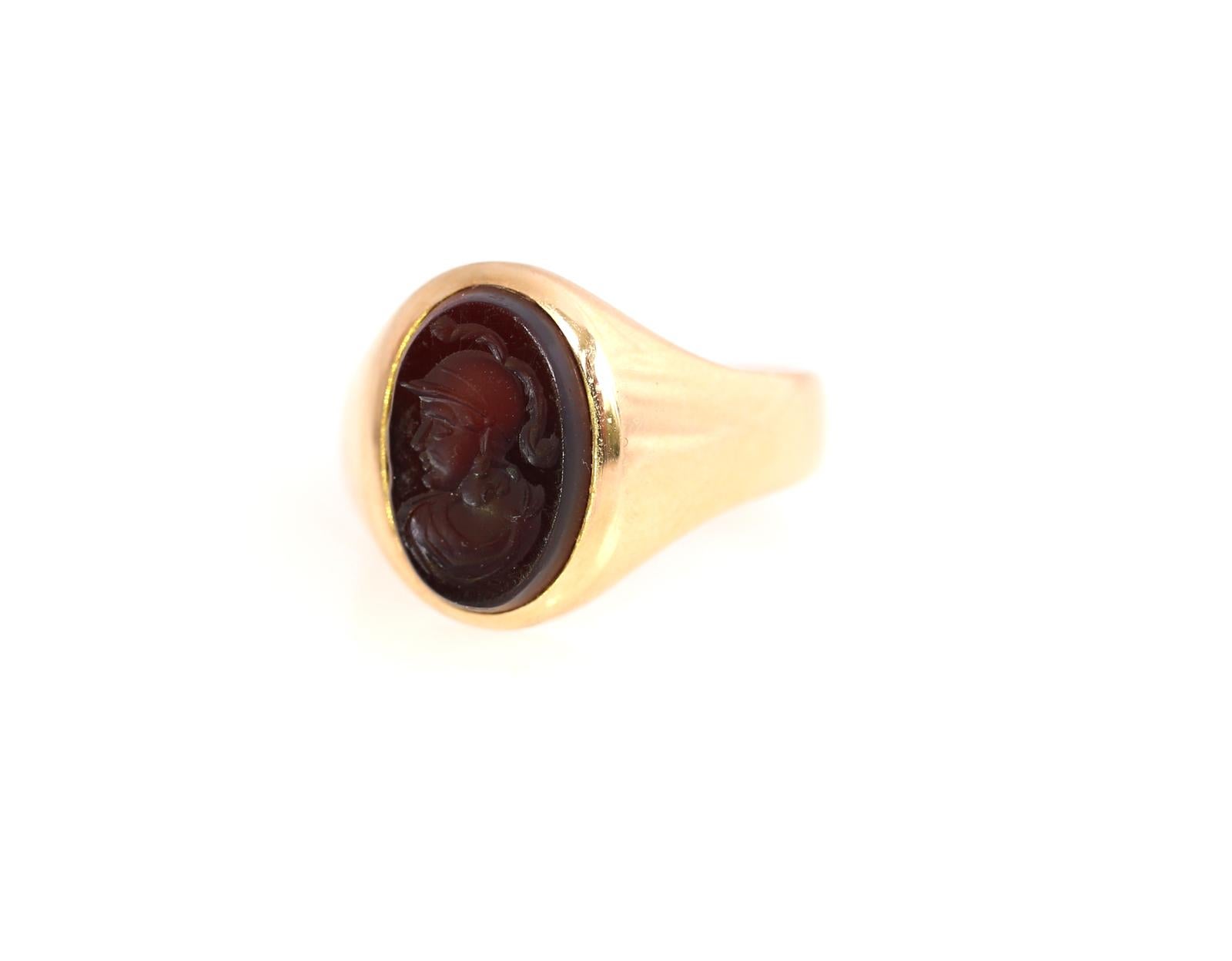 Women's or Men's Signet Warrior Carved Red Onyx Gold Ring, 1920
