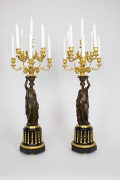 Signed Pair of French Seven-Light ‘Aux Canephores’ Gilt Bronze Candelabra