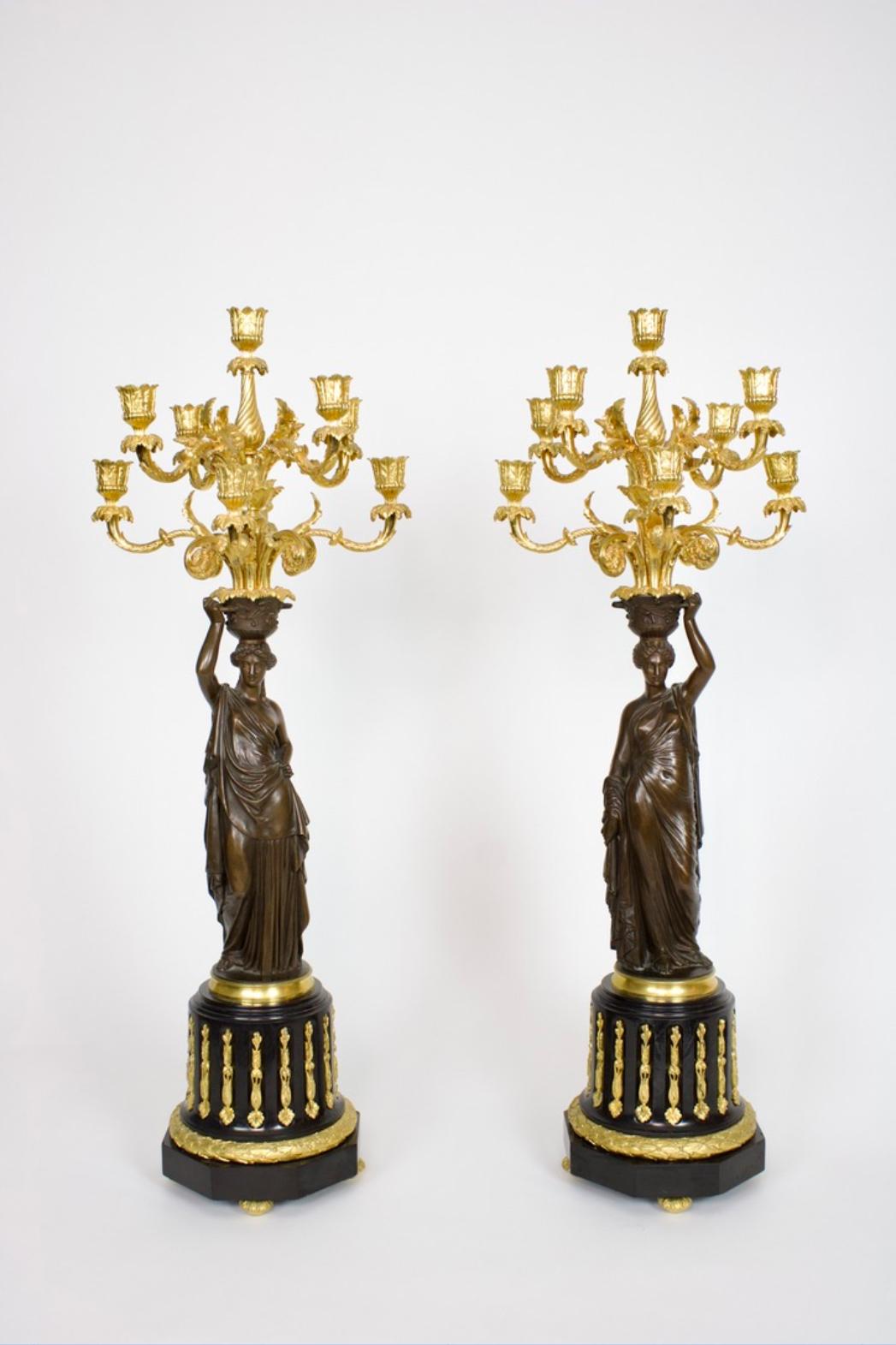 19th Century Signiertes Paar Siebenflammiger Kandelaber 'Aux Canephores' aus Frankreich For Sale