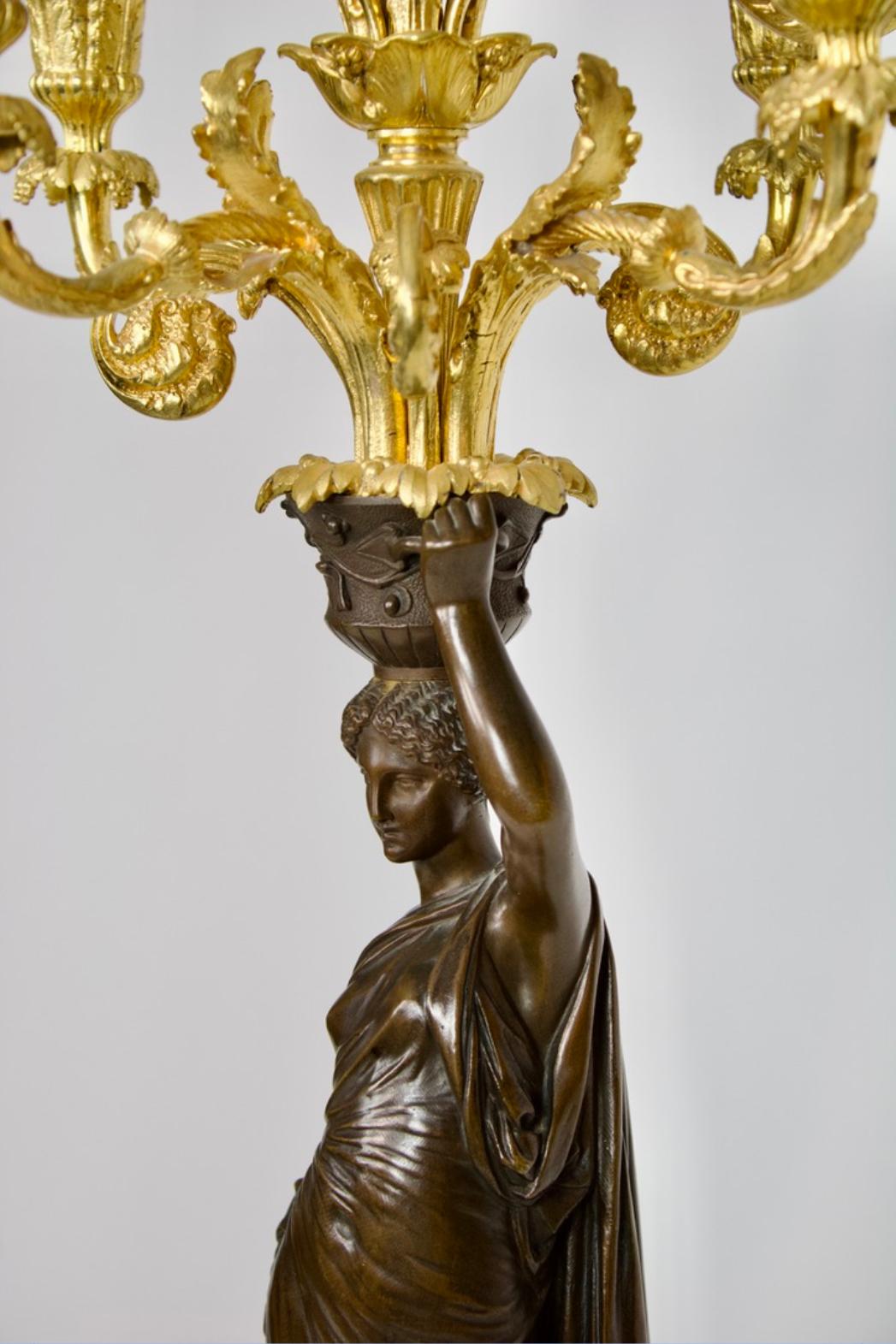 Bronze Signiertes Paar Siebenflammiger Kandelaber 'Aux Canephores' aus Frankreich For Sale