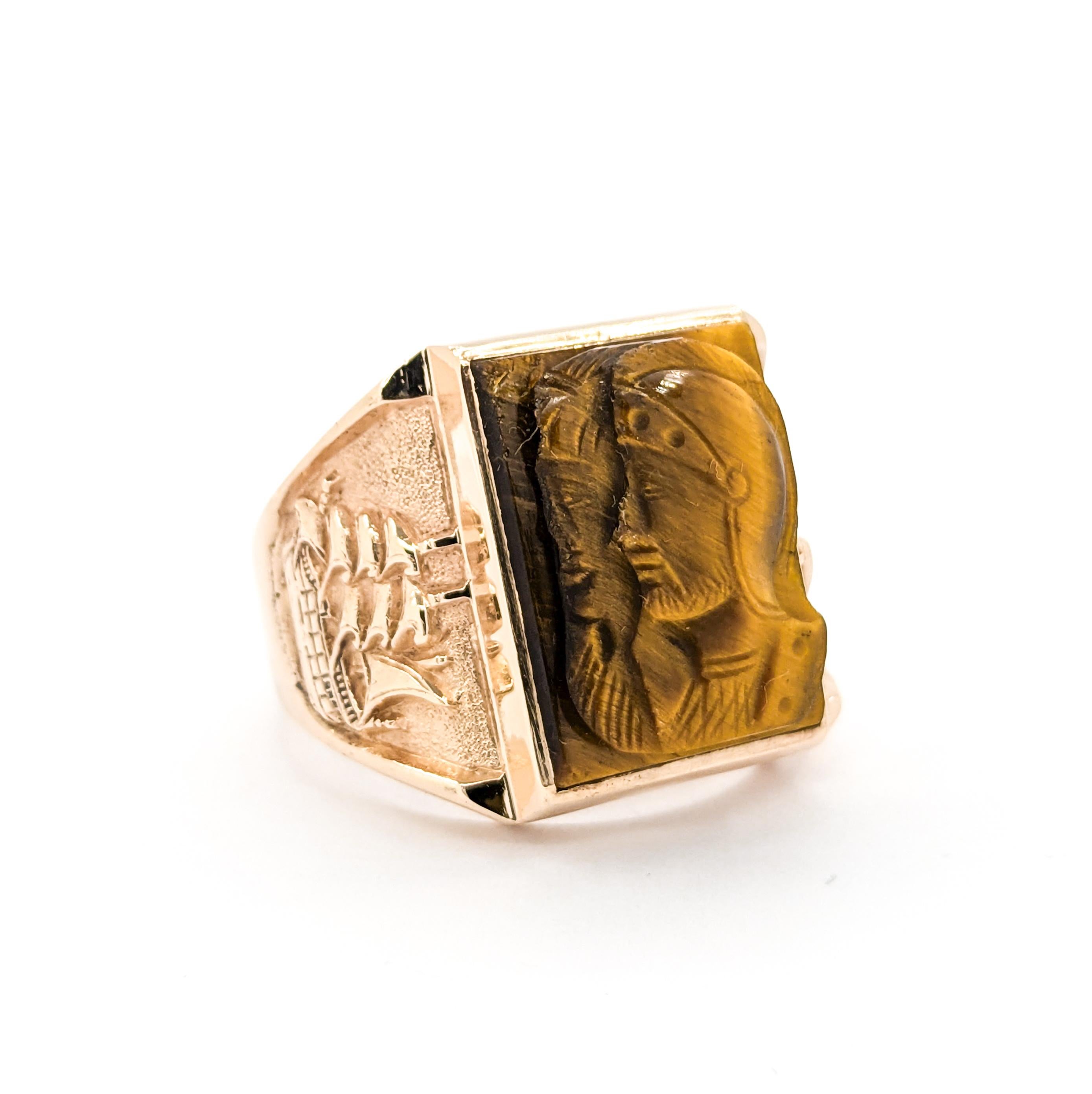 Significant Carved Tiger Eye Ship Motif Ring in Rose Gold

Introducing this wonderful mens ring with a ship motif design down the shank, crafted in 10k rose gold. The ring features a stunning centerpiece adorned with a 20x15mm carved Tiger Eye with