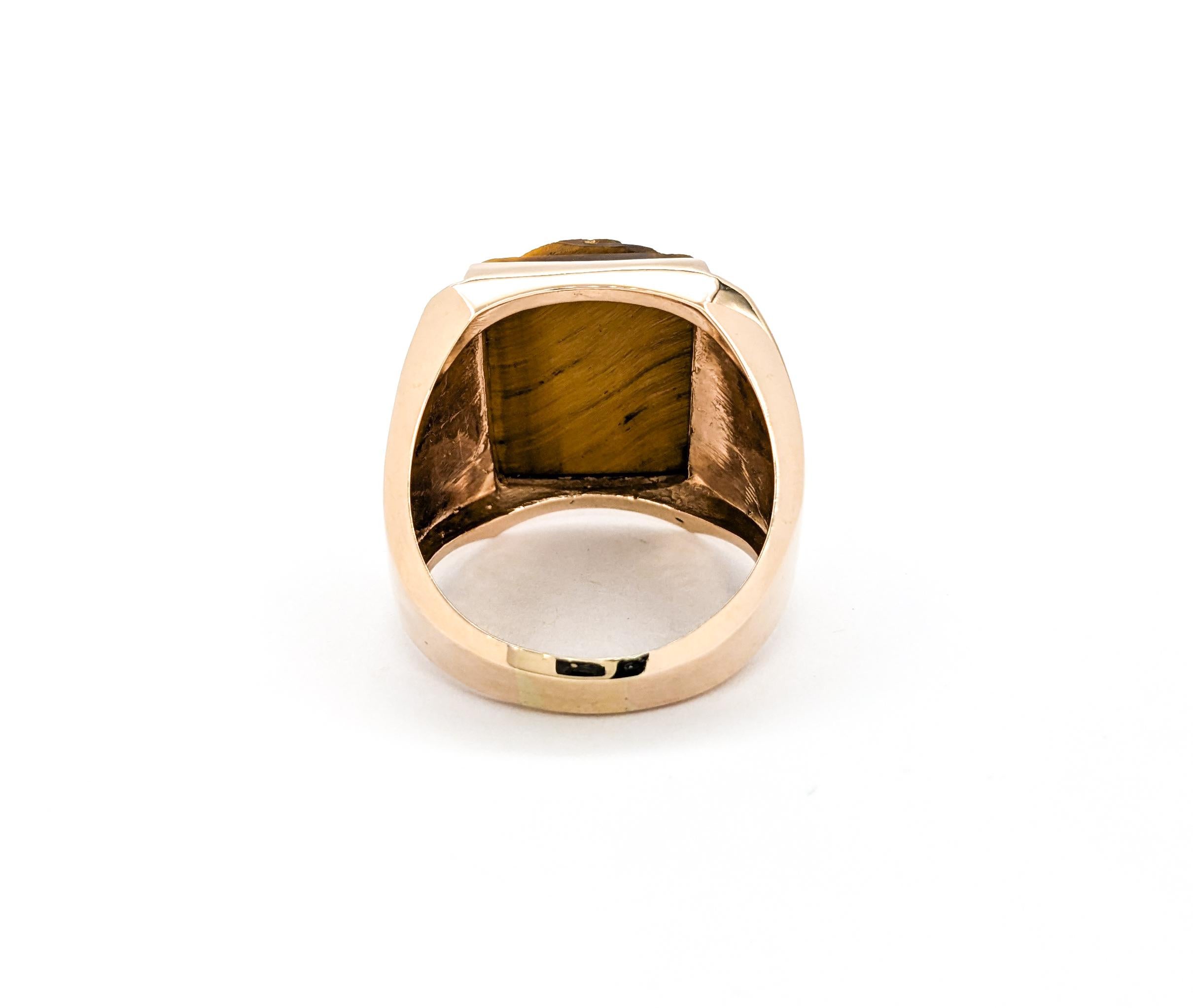 Modern Significant Carved Tiger Eye Ship Motif Ring in Rose Gold