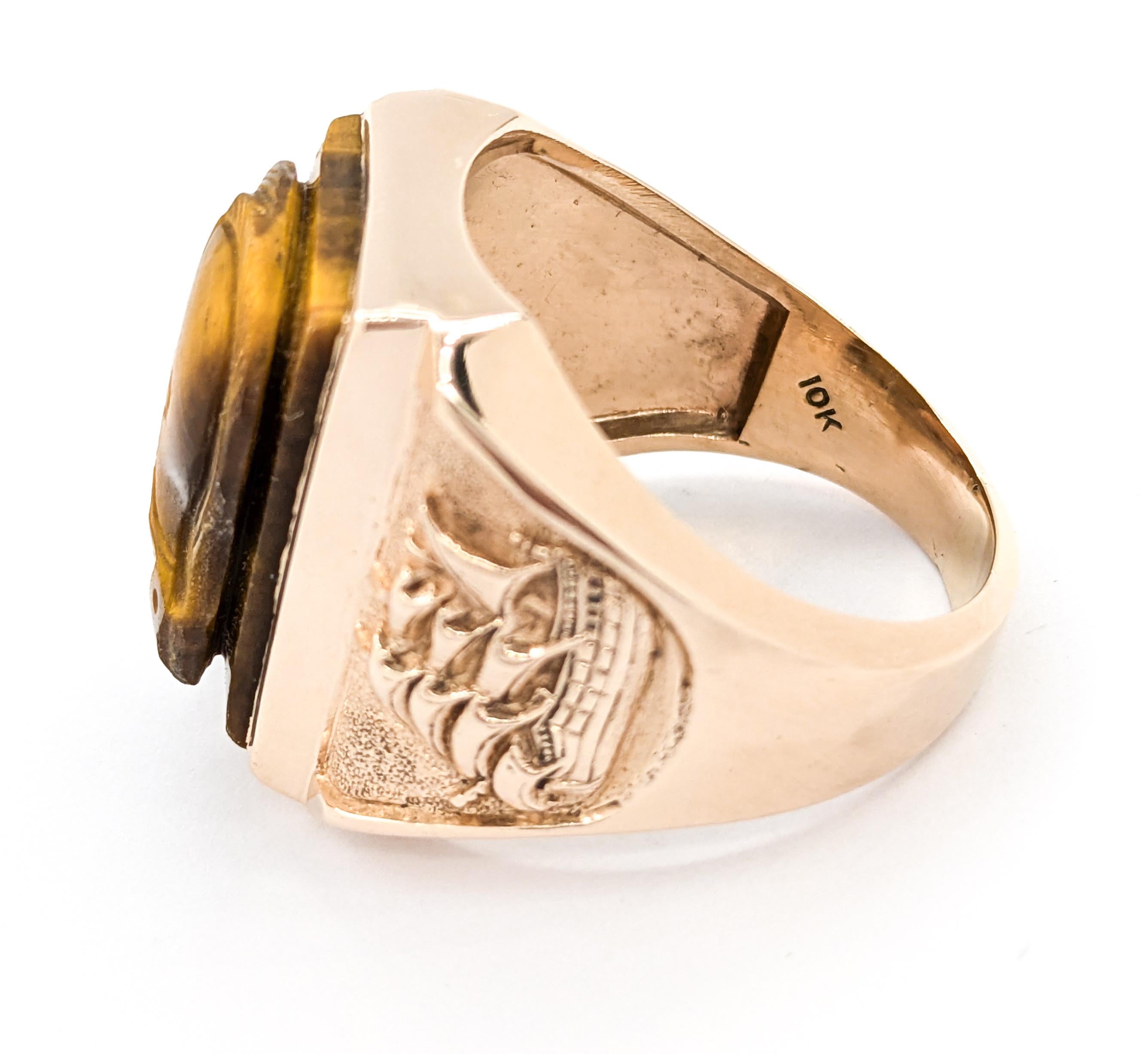 Cabochon Significant Carved Tiger Eye Ship Motif Ring in Rose Gold
