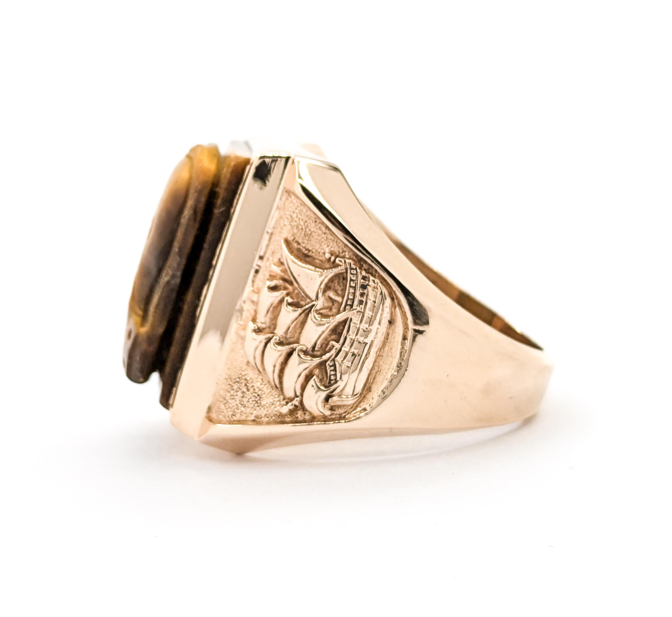 Significant Carved Tiger Eye Ship Motif Ring in Rose Gold In Good Condition In Bloomington, MN