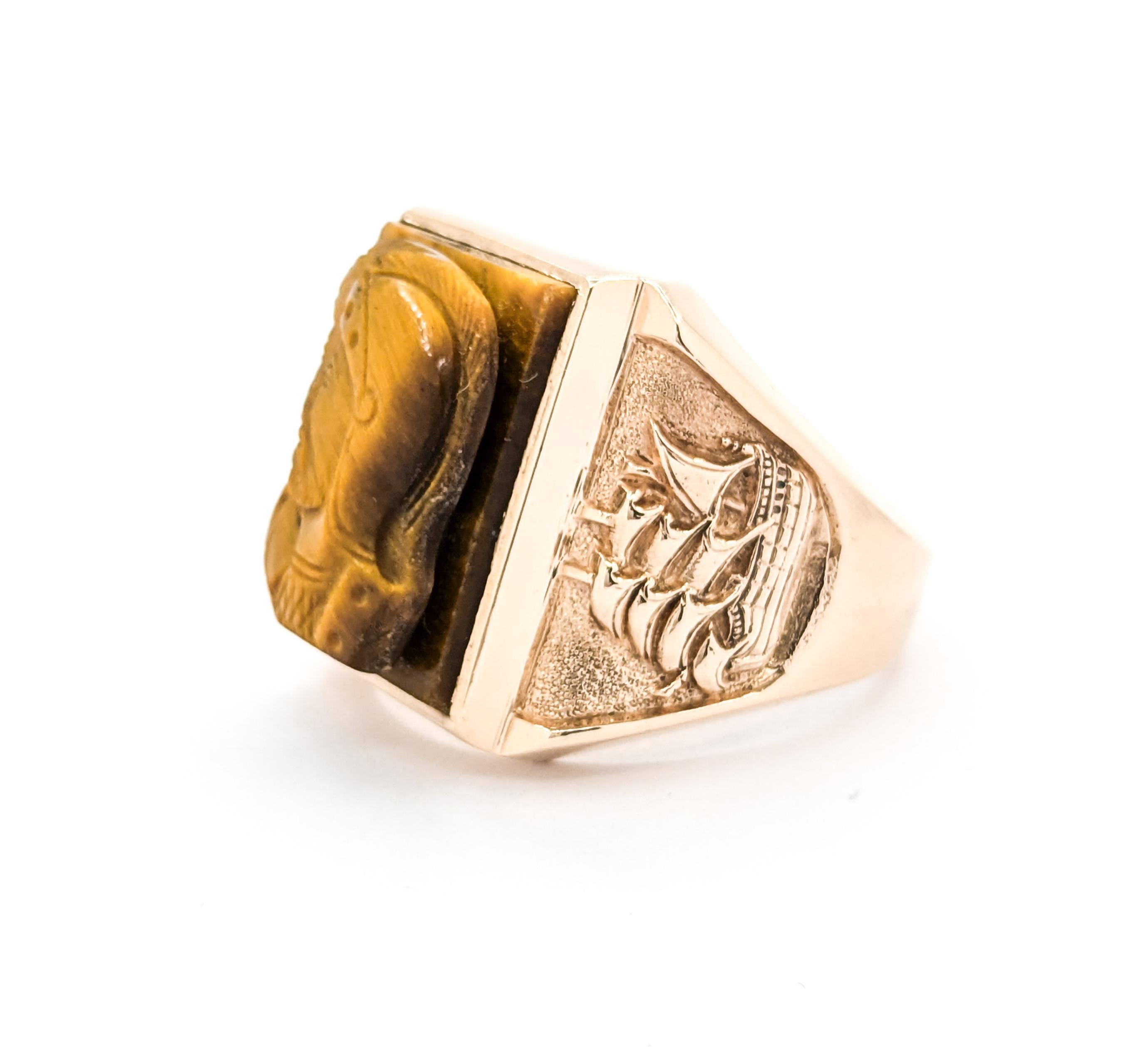 Men's Significant Carved Tiger Eye Ship Motif Ring in Rose Gold