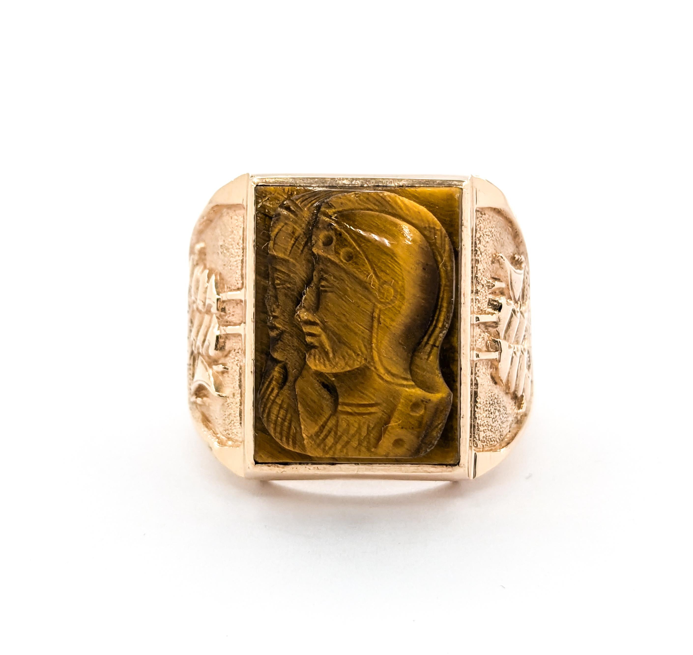 Significant Carved Tiger Eye Ship Motif Ring in Rose Gold 1