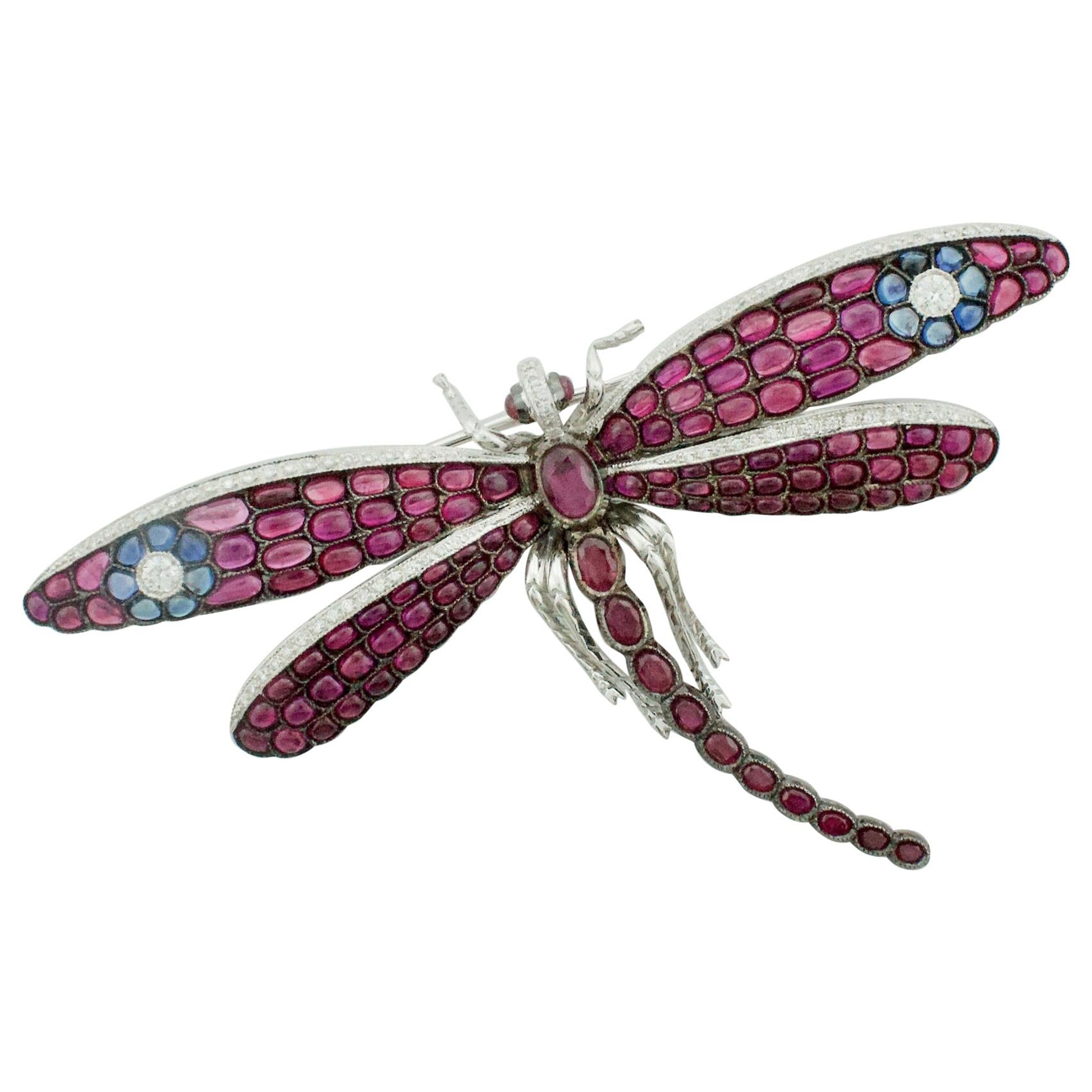 Significant Dragonfly Brooch with Rubies, Sapphires and Diamonds in 18 Karat