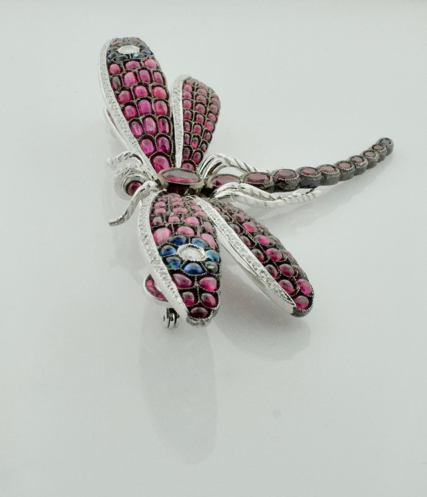 Significant Dragonfly Brooch with Rubies, Sapphires and Diamonds in 18 Karat In New Condition For Sale In Wailea, HI