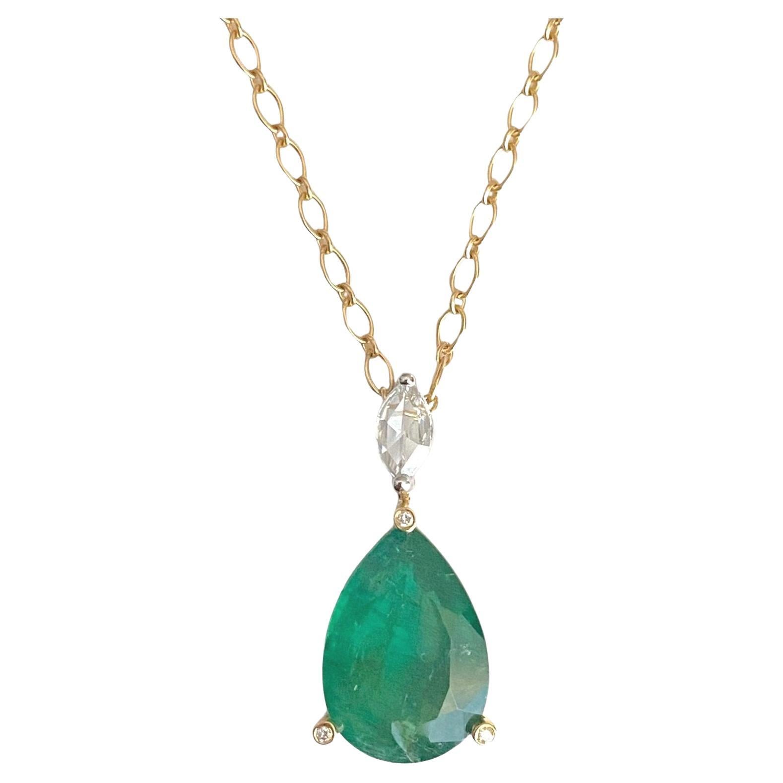 Significant Emerald Pendant with Scintillating Marquise Rose Cut Diamonds For Sale