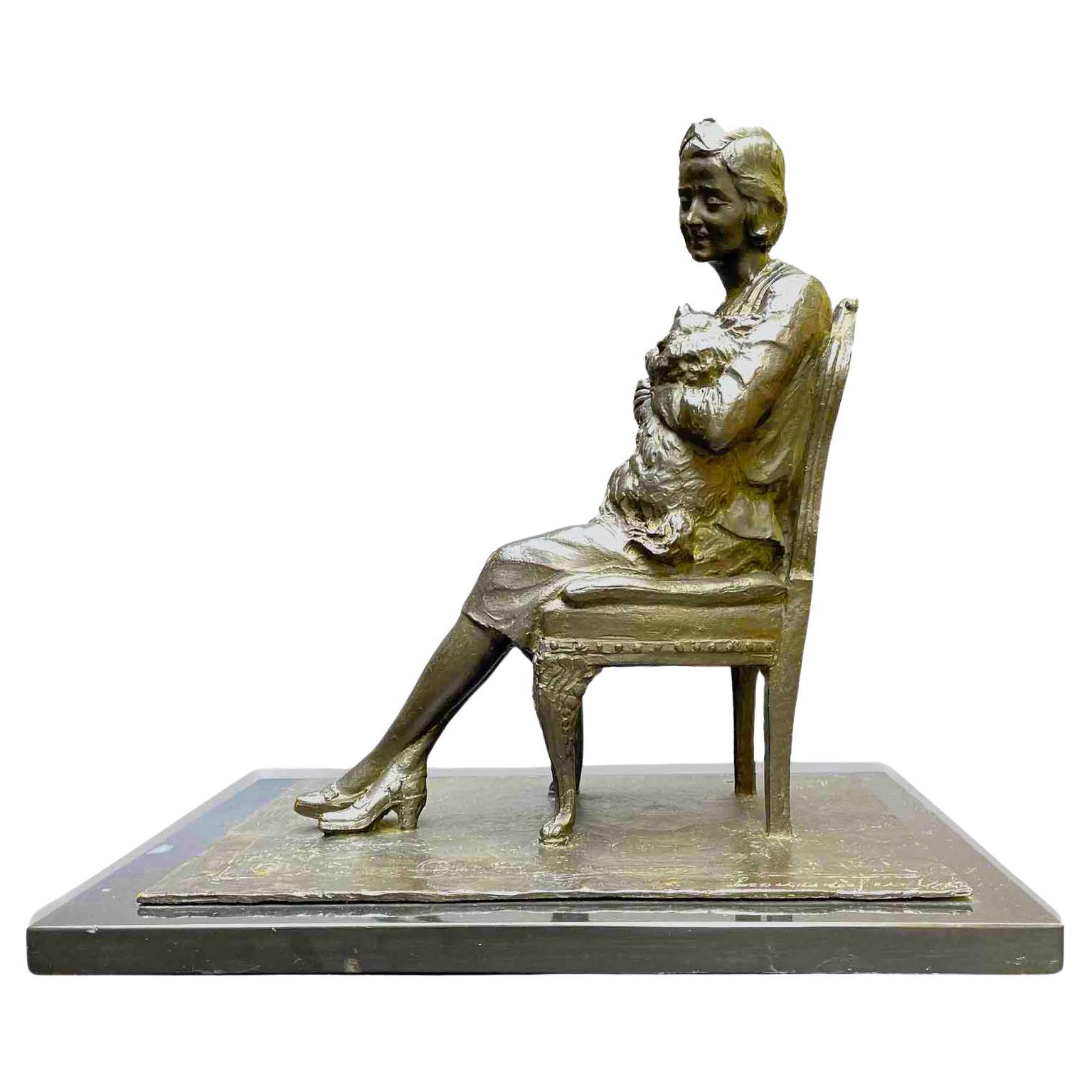 Seated Lady with Dog in Arm Bronze Sculpture Leonardo Secchi 1942 For Sale