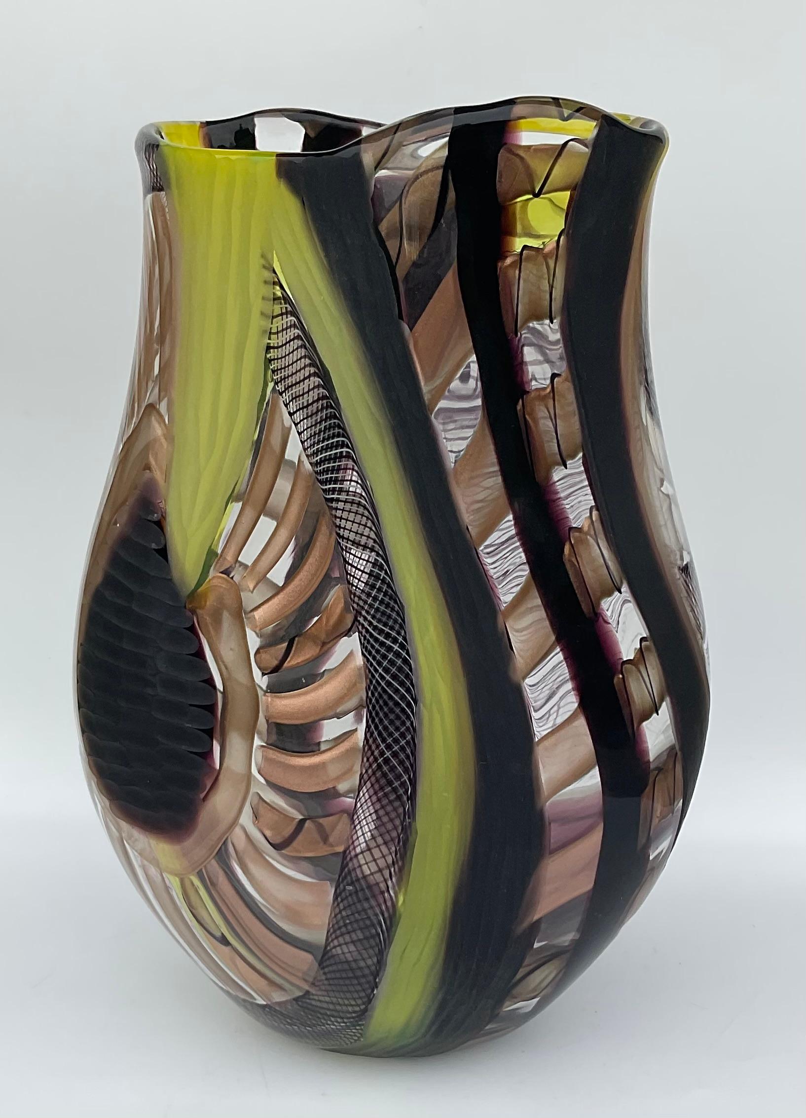 Mid-Century Modern Signoretti Murano Art Glass Vase with Pinwheels and Battuto Work Signed 1 of 1