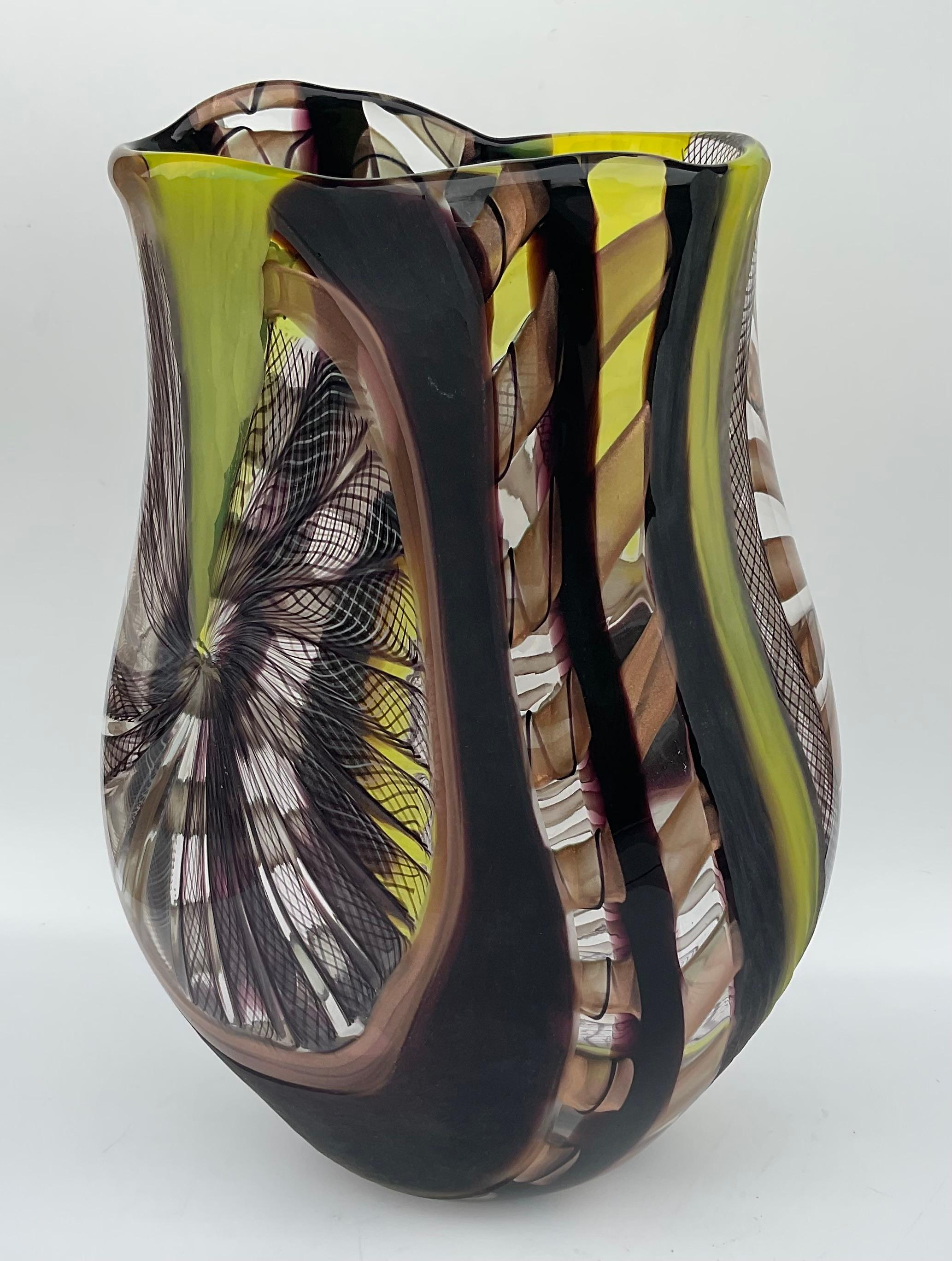 Signoretti Murano Art Glass Vase with Pinwheels and Battuto Work Signed 1 of 1 In Good Condition In Ann Arbor, MI