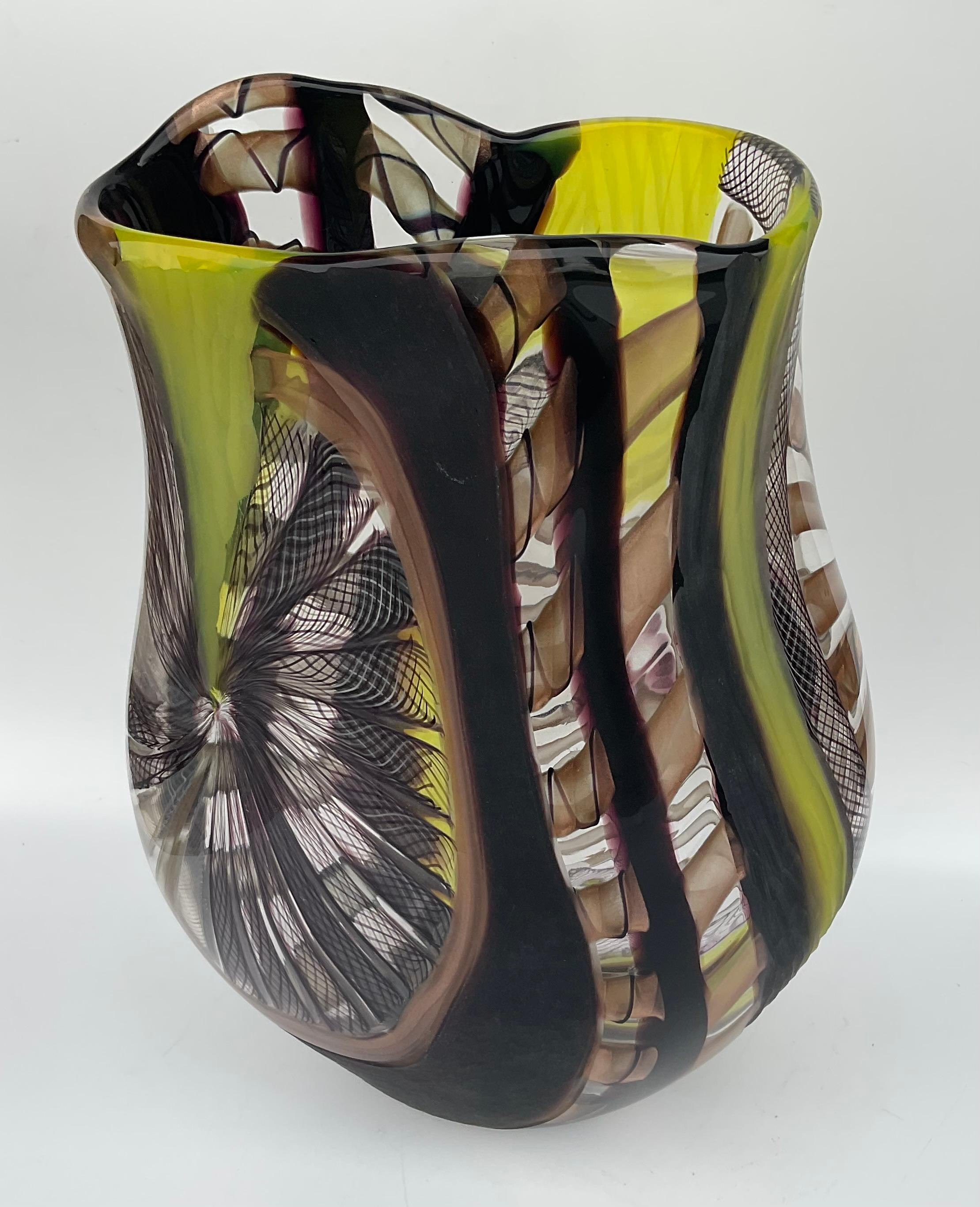 Signoretti Murano Art Glass Vase with Pinwheels and Battuto Work Signed 1 of 1 1