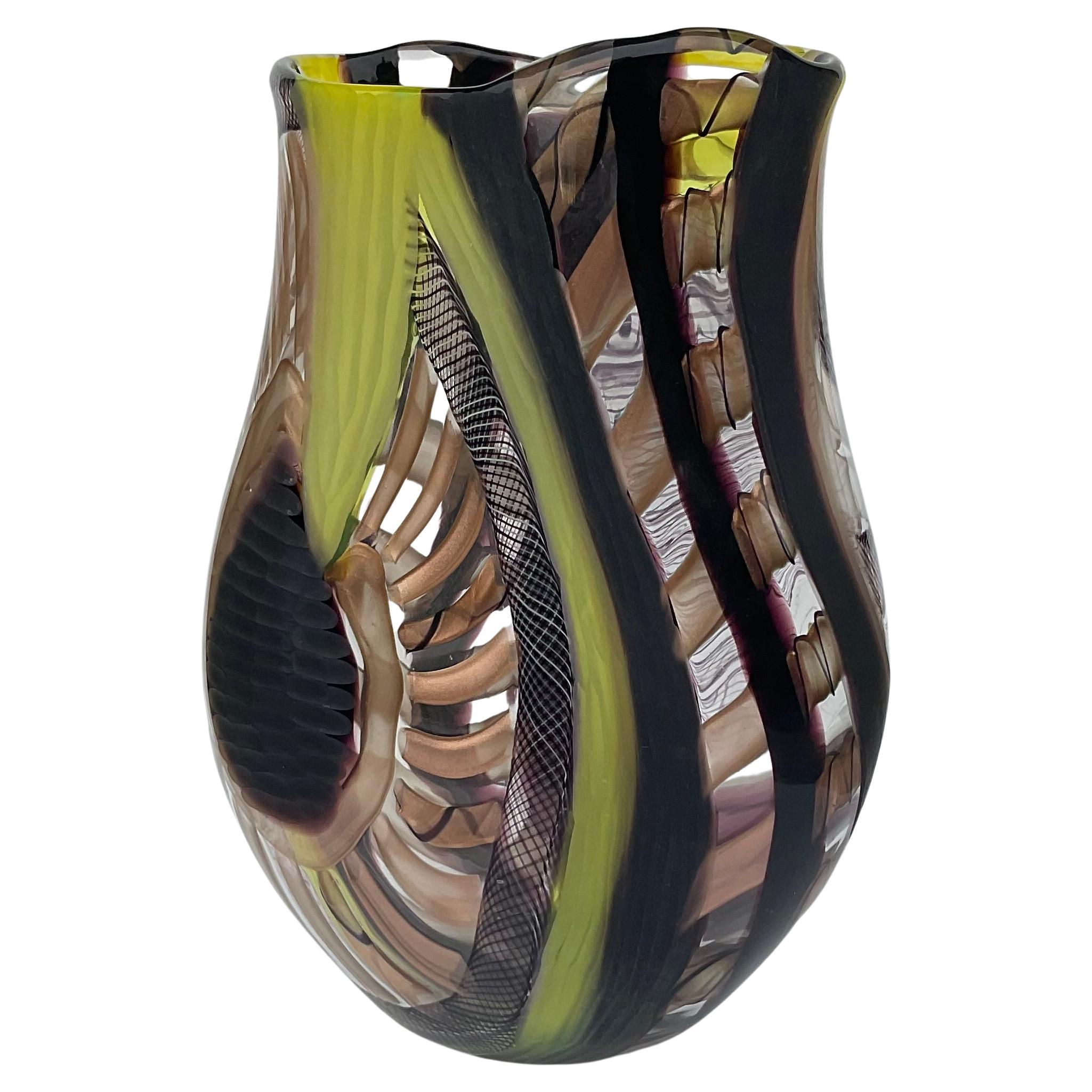 Signoretti Murano Art Glass Vase with Pinwheels and Battuto Work Signed 1 of 1
