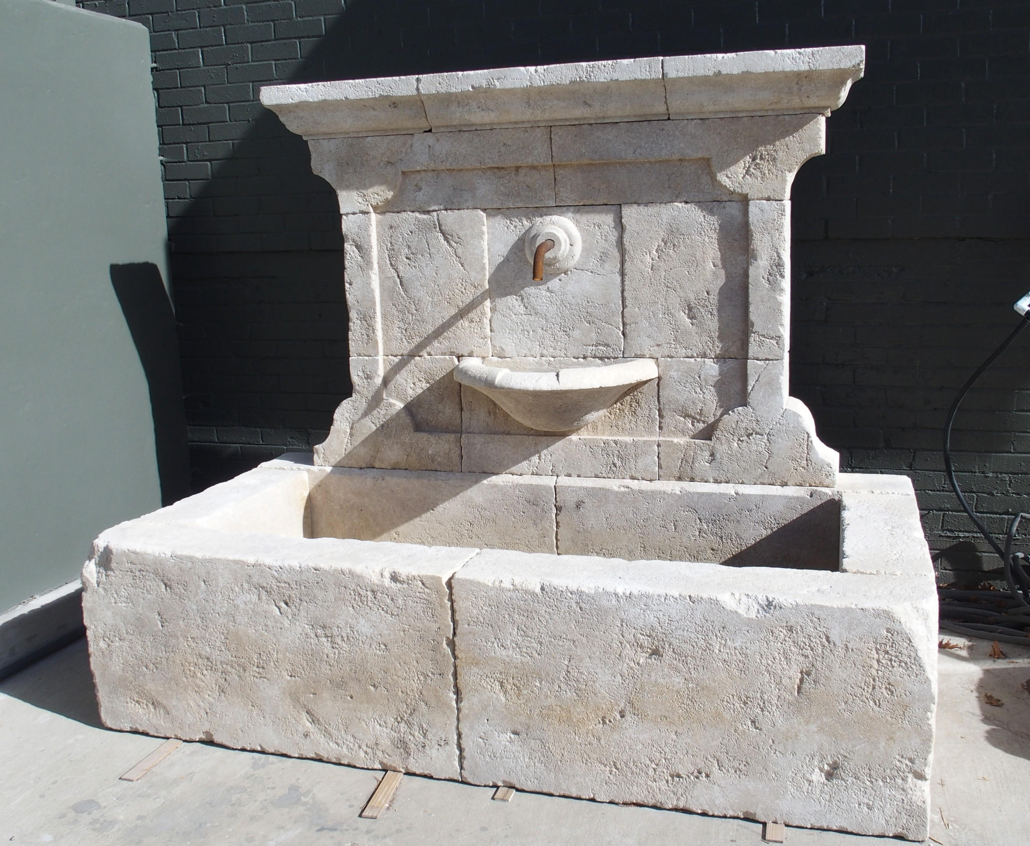 More information coming soon…

Comprised of 17 pieces of hand-carved French limestone, this large wall fountain features a 23 1/2 x 11 1/2-inch spill bowl positioned near the base of the wall.  Directly above the spill bowl is an iron spout that