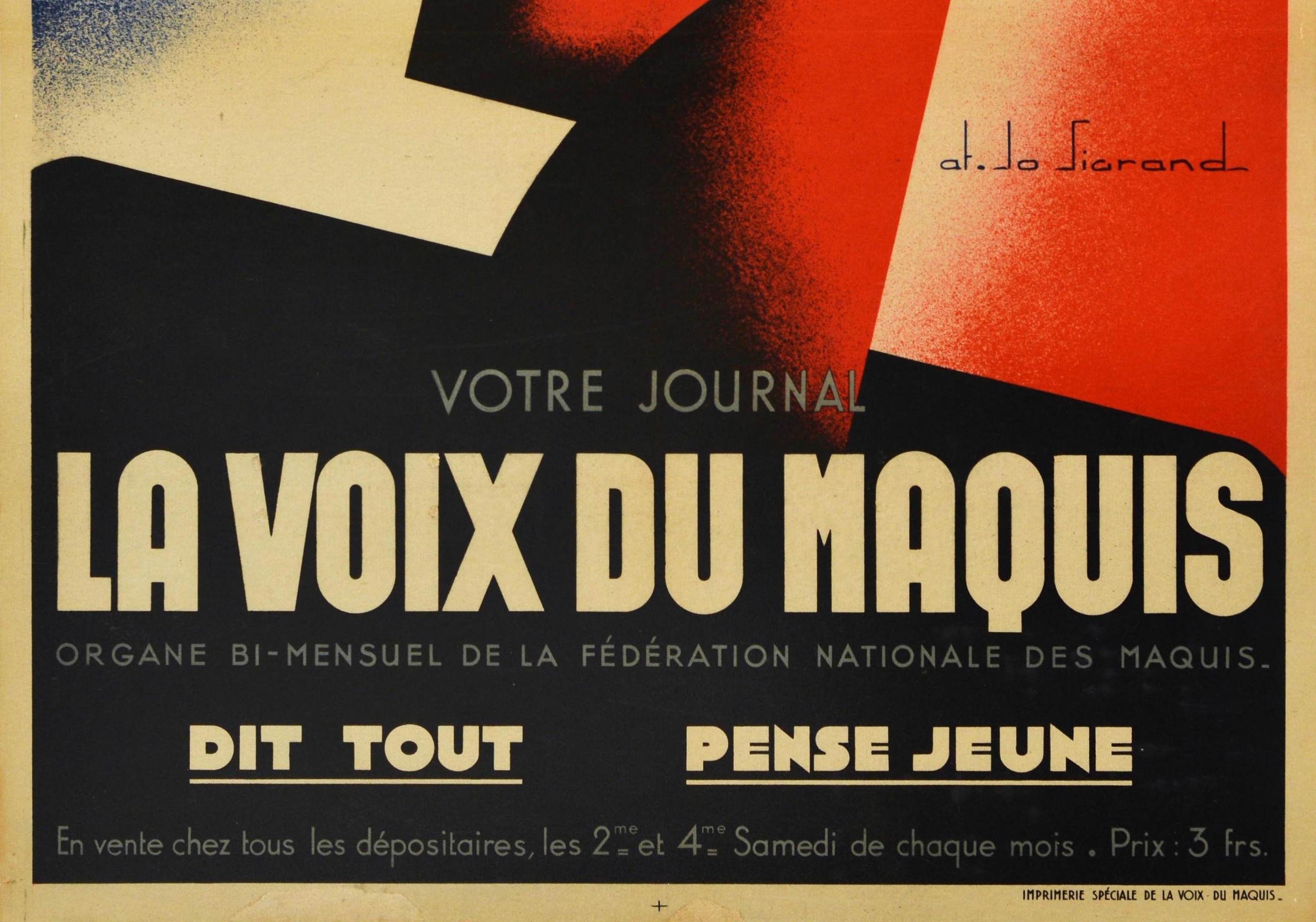 Affiche rétro originale de la Seconde Guerre mondiale, Voix Du Maquis Fighters Magazine, Résistance française - Art déco Print par Sigrand