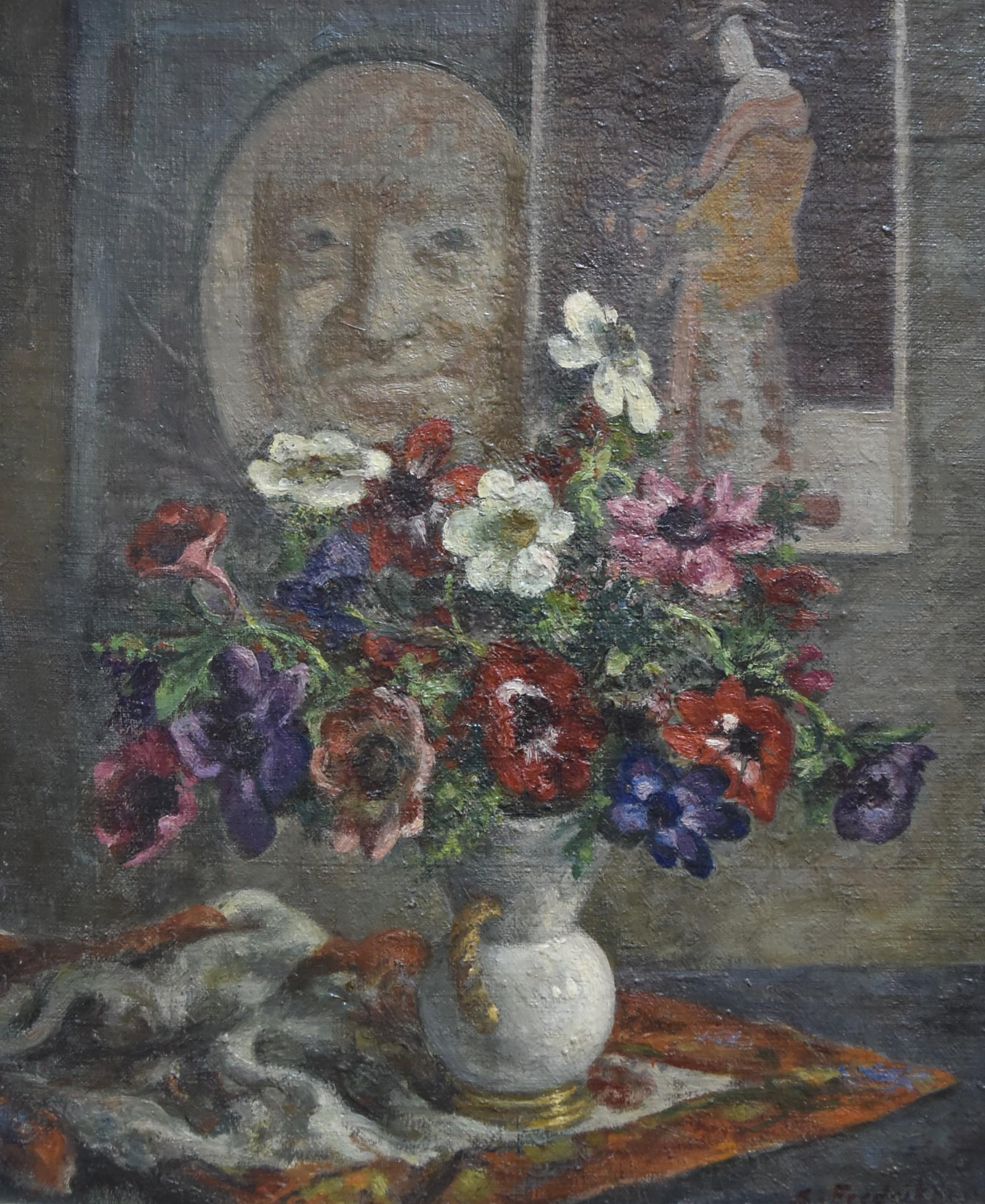 Sigurd Frederiksen (1907-1986) 
A Still-life with a bunch of anemones
oil on canvas, 
signed on the lower right
46 x 38 cm
In good condition, a small indentation on the left in the flowers but barely visible (see photographs, please)
In its original