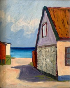 Sigurd Jakobsen original vintage Danish 1978 colourful oil painting of seaside