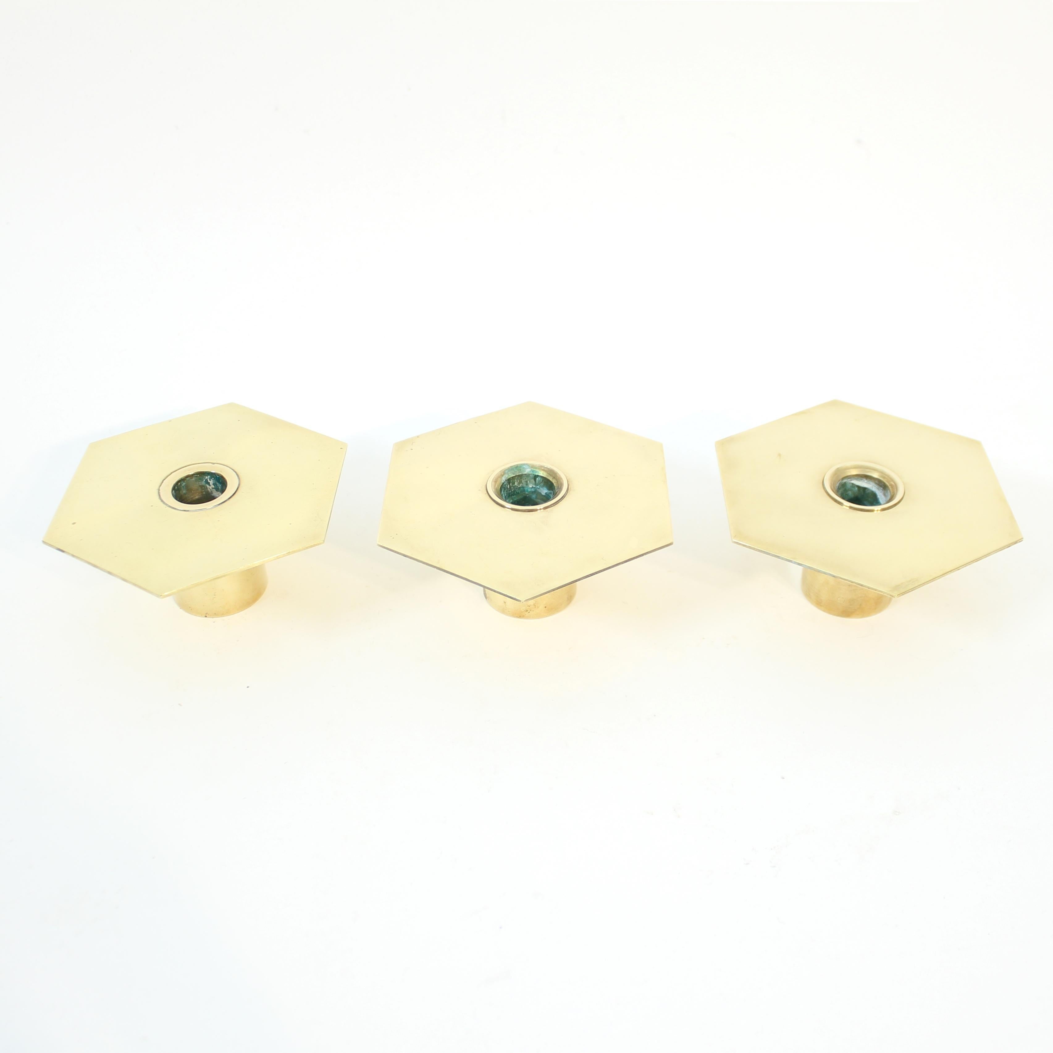 Scandinavian Modern Sigurd Persson, set of 3 brass Romb candle holders, 1980s For Sale