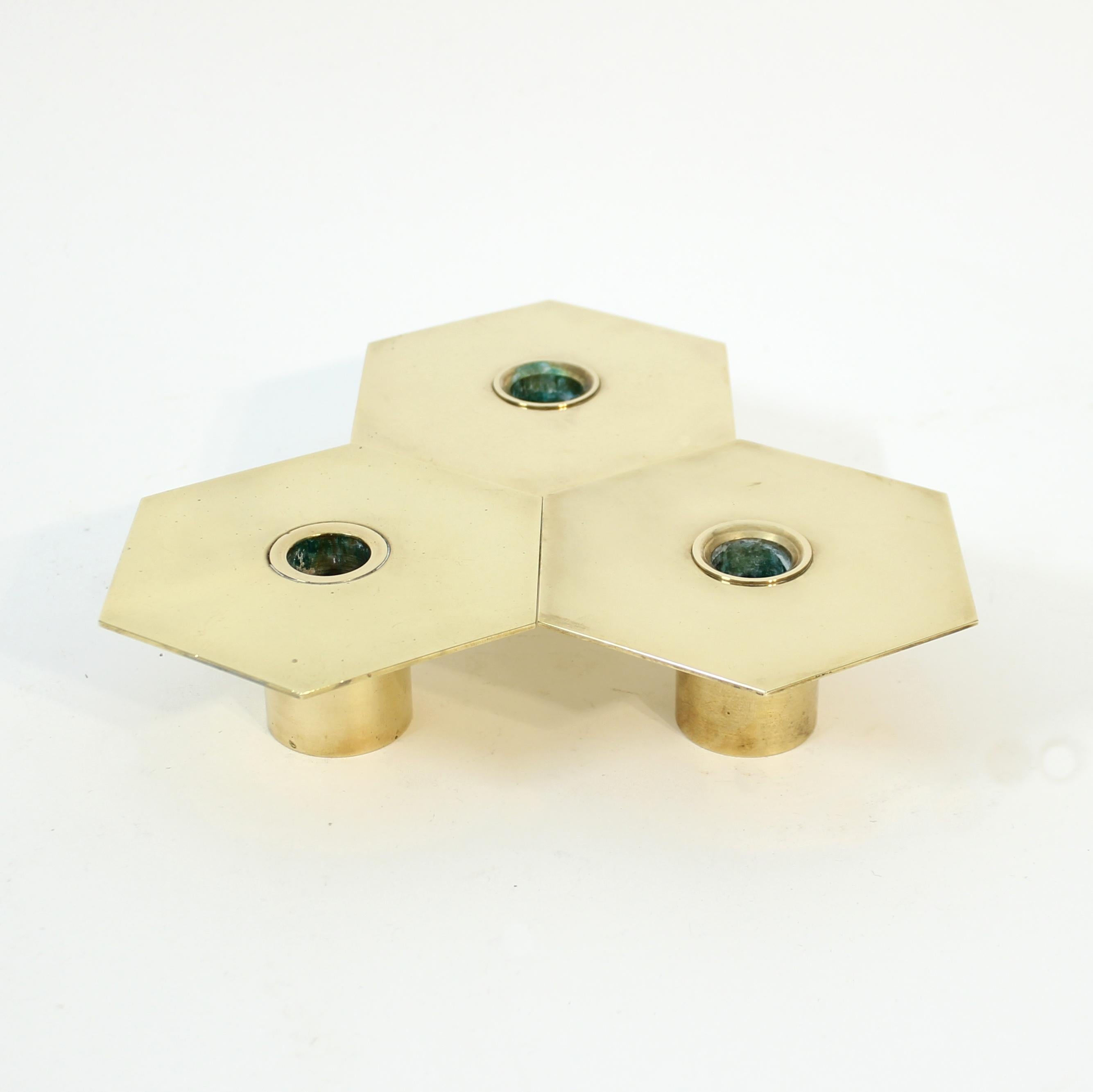 Swedish Sigurd Persson, set of 3 brass Romb candle holders, 1980s For Sale