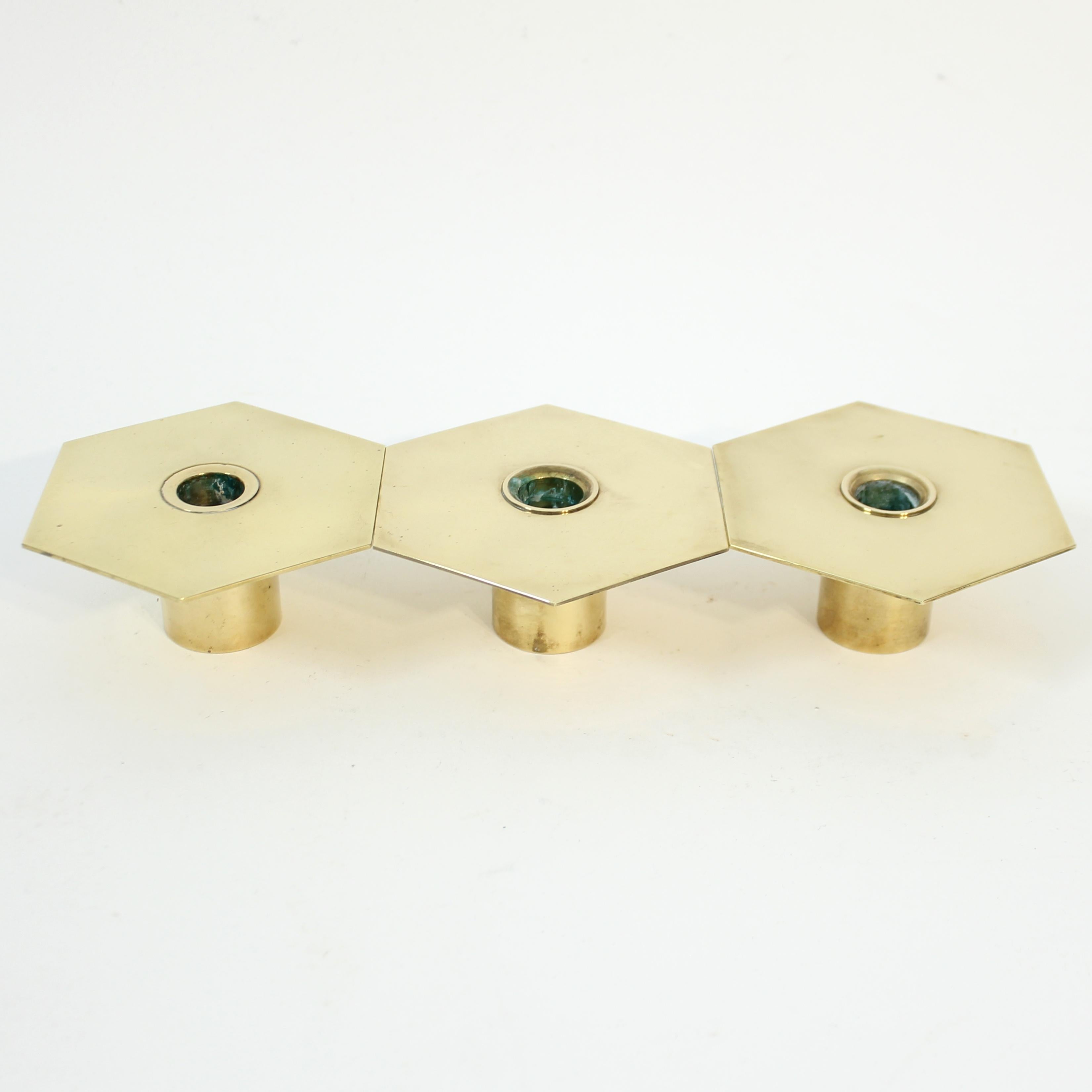 Late 20th Century Sigurd Persson, set of 3 brass Romb candle holders, 1980s For Sale