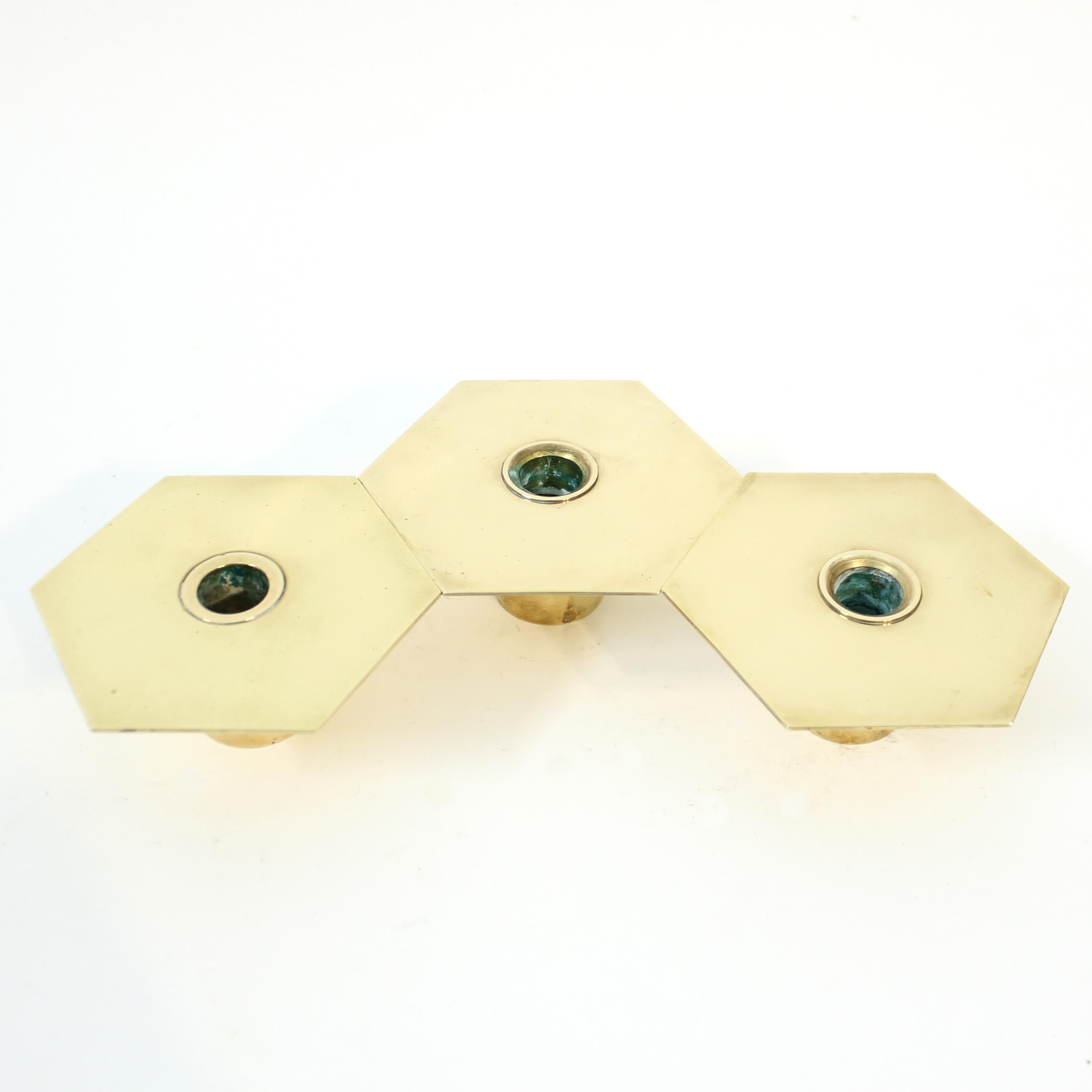 Sigurd Persson, set of 3 brass Romb candle holders, 1980s For Sale 2