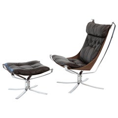 Sigurd Resell Chaise Falcon Ottoman en chrome et cuir