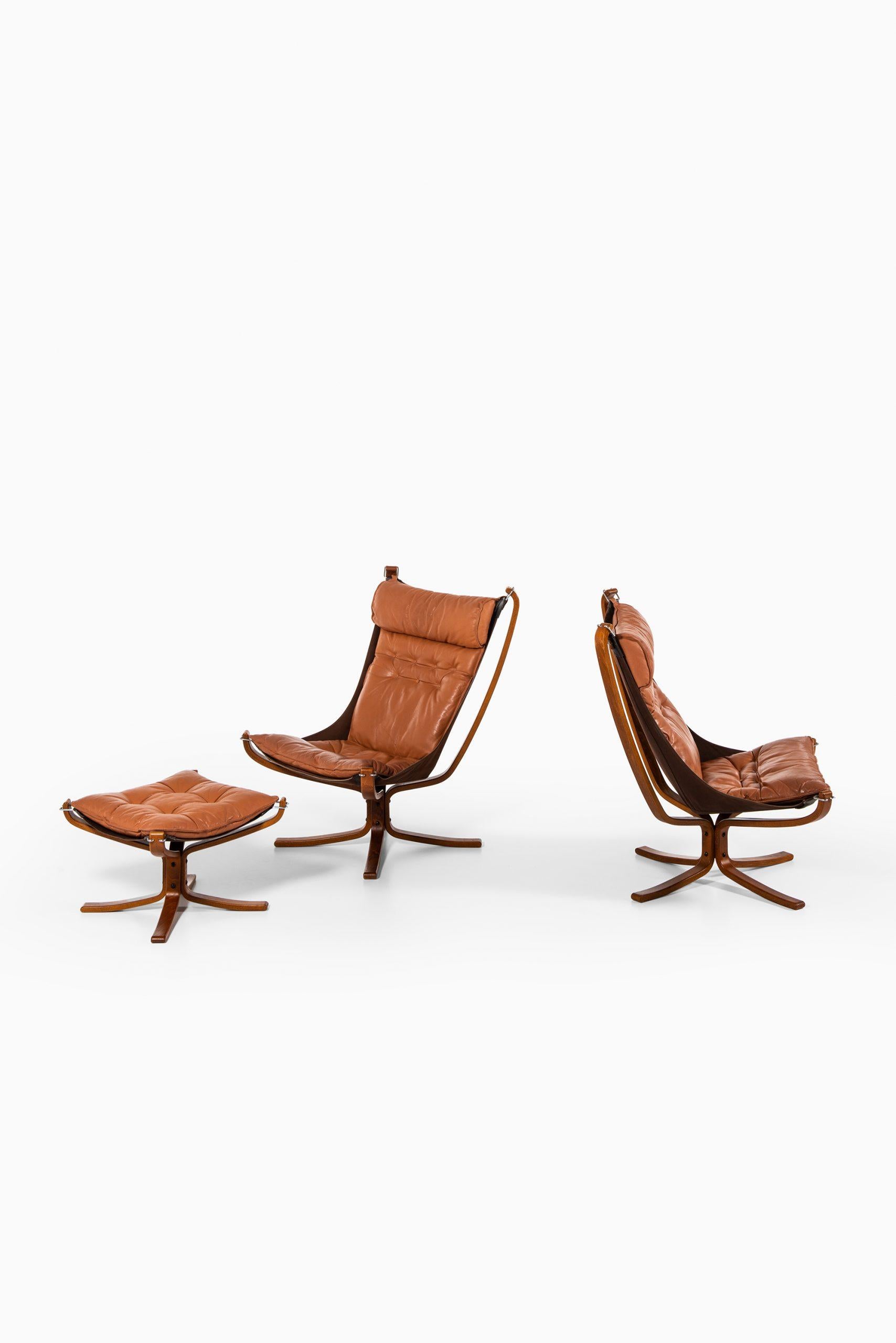 A pair of easy chairs and stool model Falcon designed by Sigurd Resell. Produced by Vatne möbler in Norway.