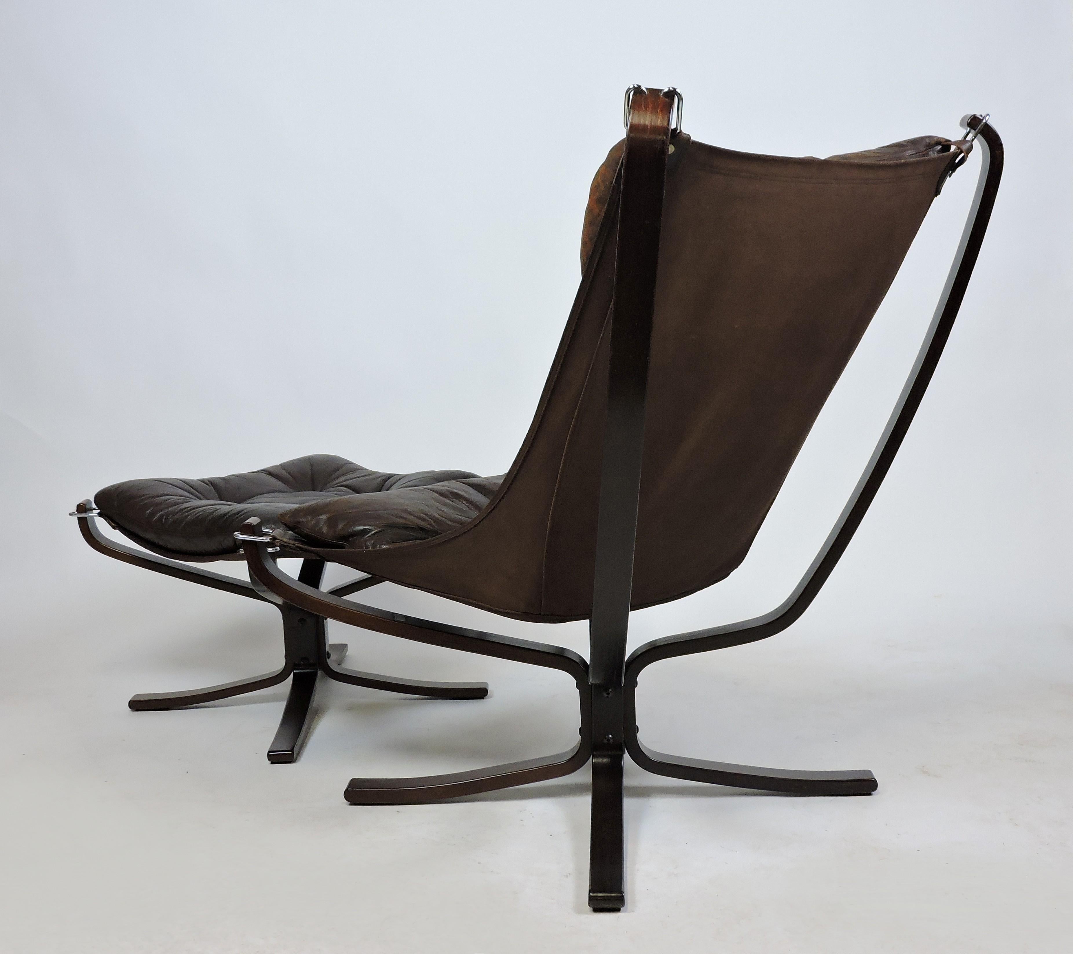 Norwegian Sigurd Ressel Falcon High Back Leather Lounge Chair and Ottoman by Vatne Mobler