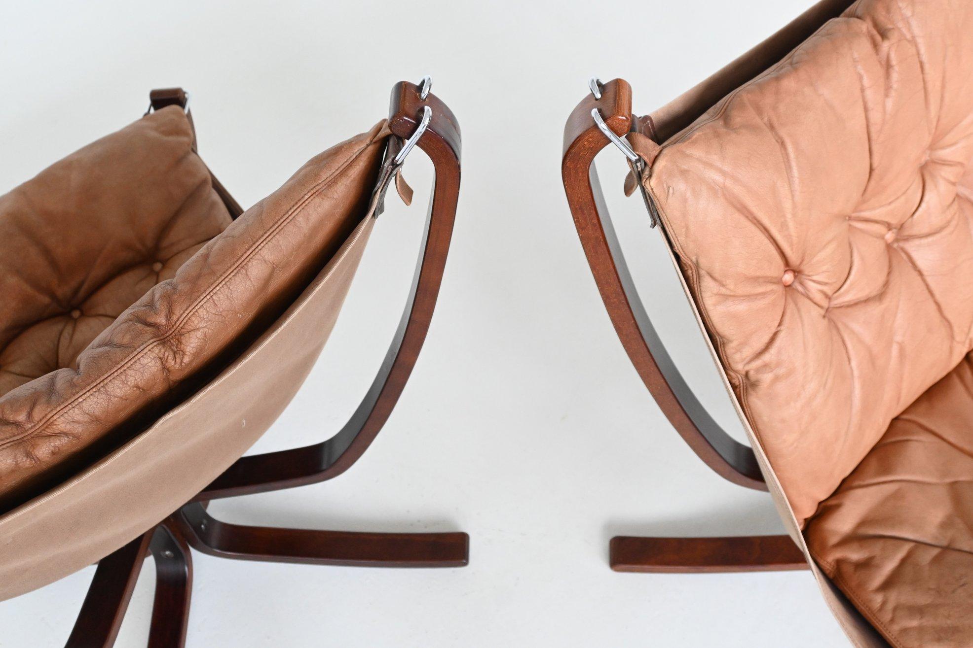 Sigurd Ressel Sillones Falcon de cuero coñac Vatne Noruega 1970 en venta 6