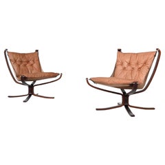 Sigurd Ressel Falcon lounge chairs in cognac leather Vatne Norway 1970