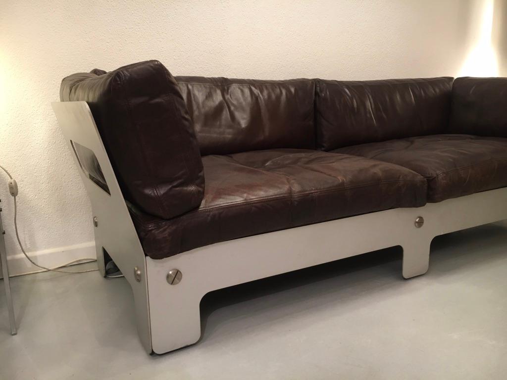 Anodized Sigurd Ressell Vintage Leather and Anodised Aluminum Sofa for Vatne Mobler 1968 For Sale