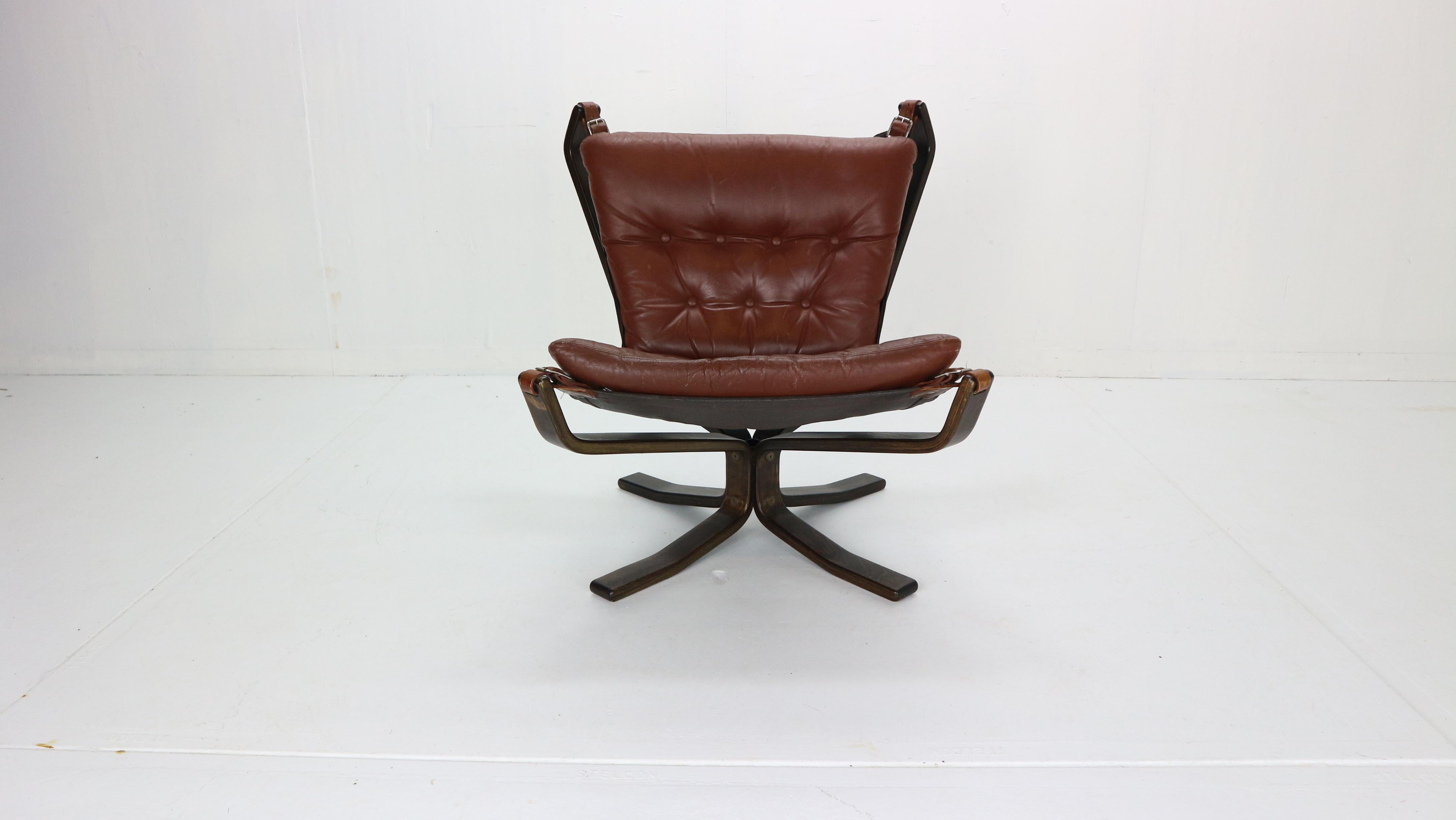 Scandinavian Modern Sigurd Ressell Falcon Brown Leather Lounge Chair for Vatne Møbler, 1970, Norway