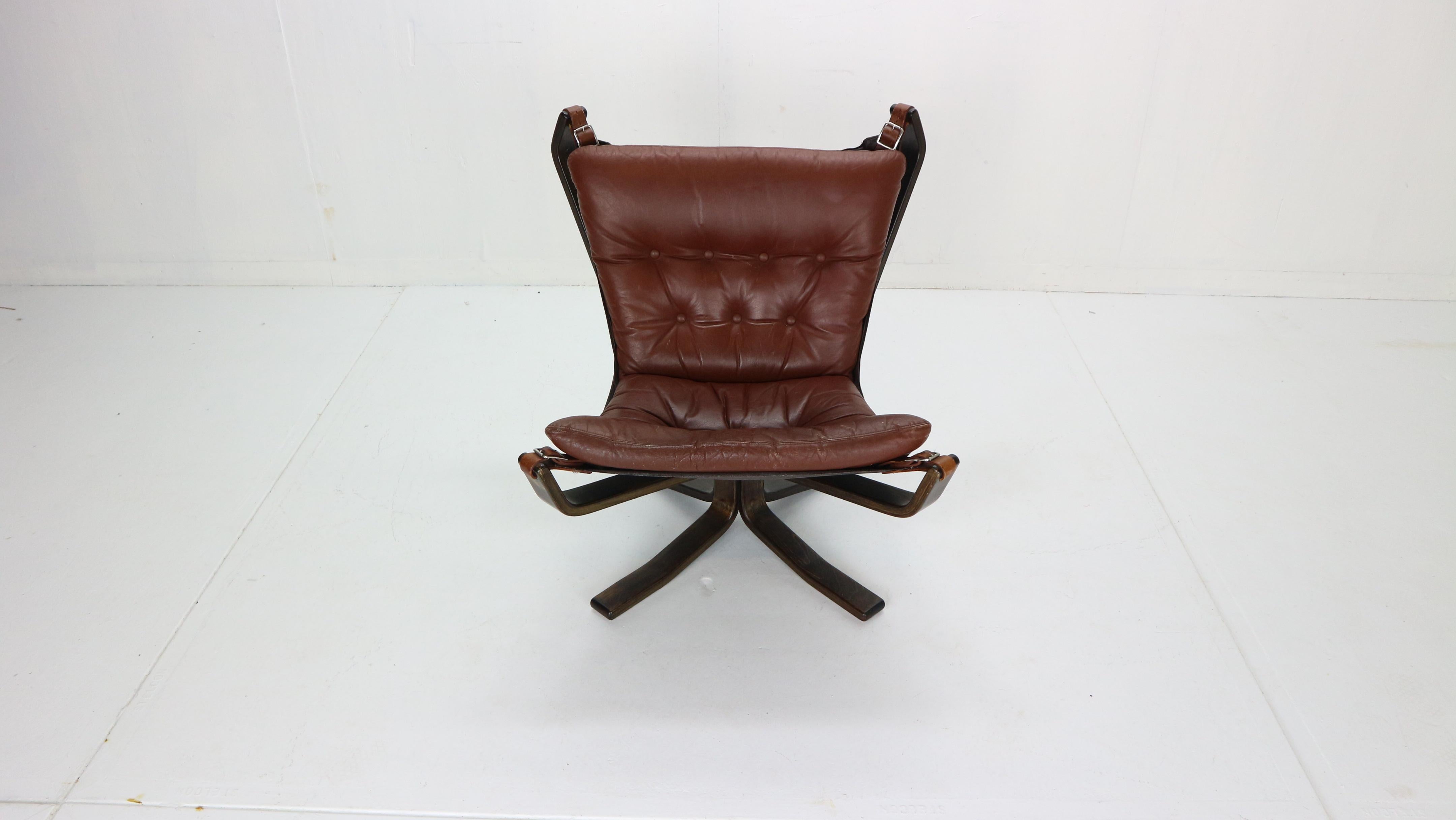 Norwegian Sigurd Ressell Falcon Brown Leather Lounge Chair for Vatne Møbler, 1970, Norway