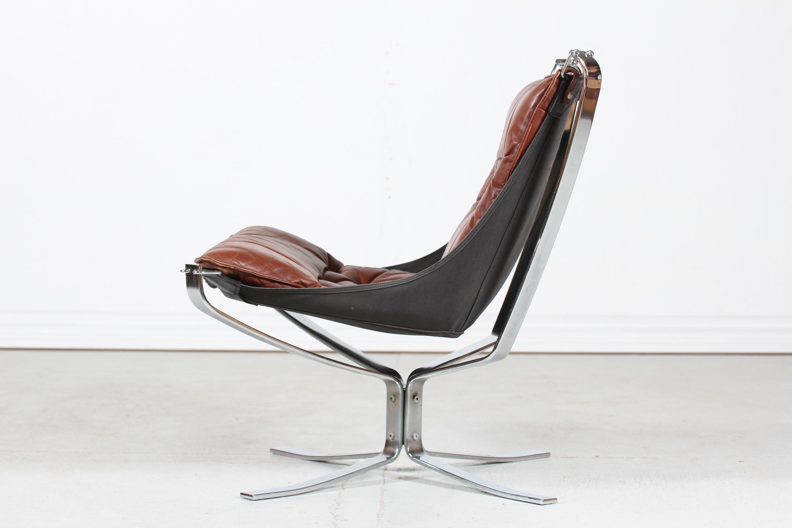 Sigurd Ressell Falcon Chair with Brown Leather Cushions by Vatne Møbler Norway 3
