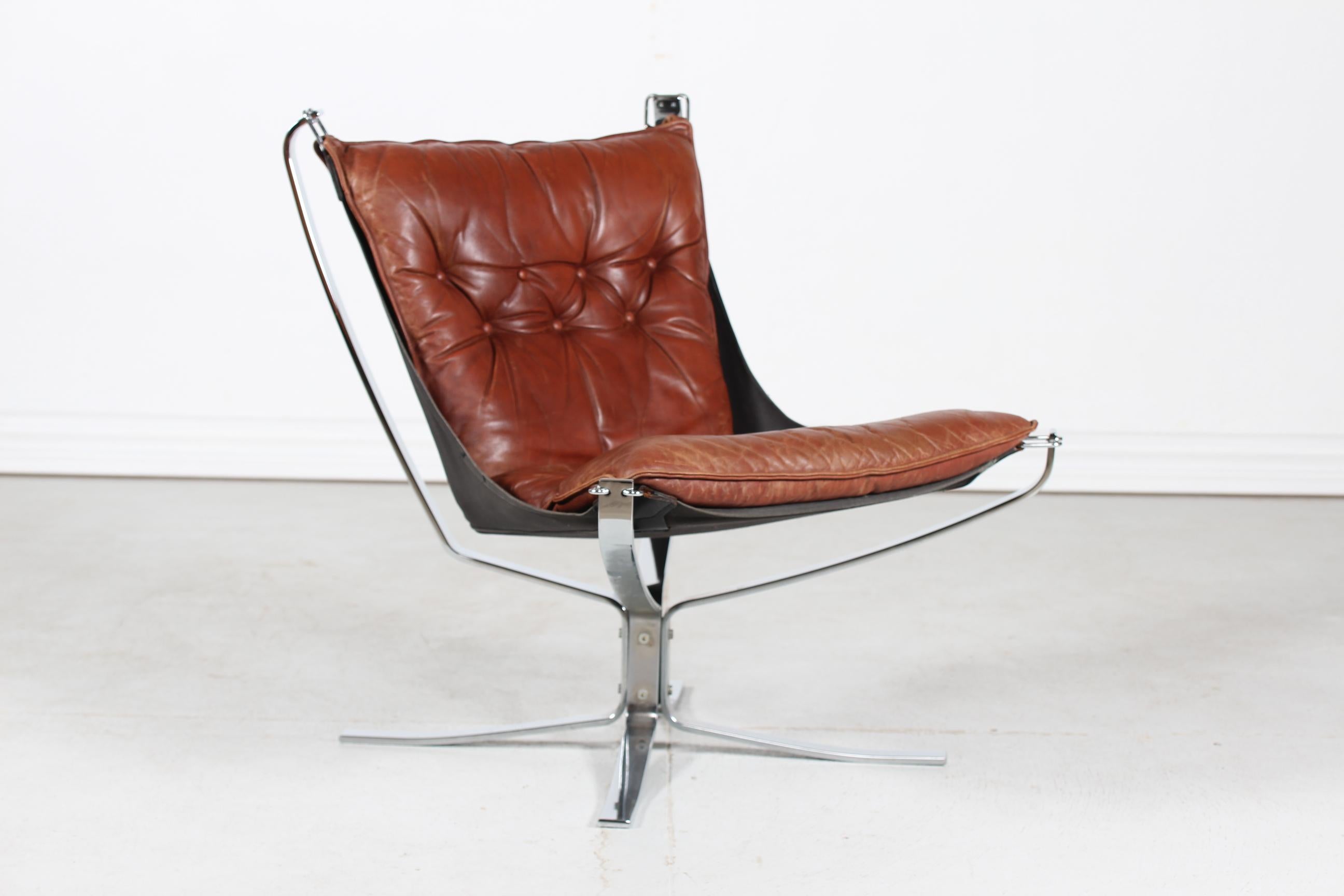 Mid-Century Modern Sigurd Ressell Falcon Chair with Brown Leather Cushions by Vatne Møbler Norway