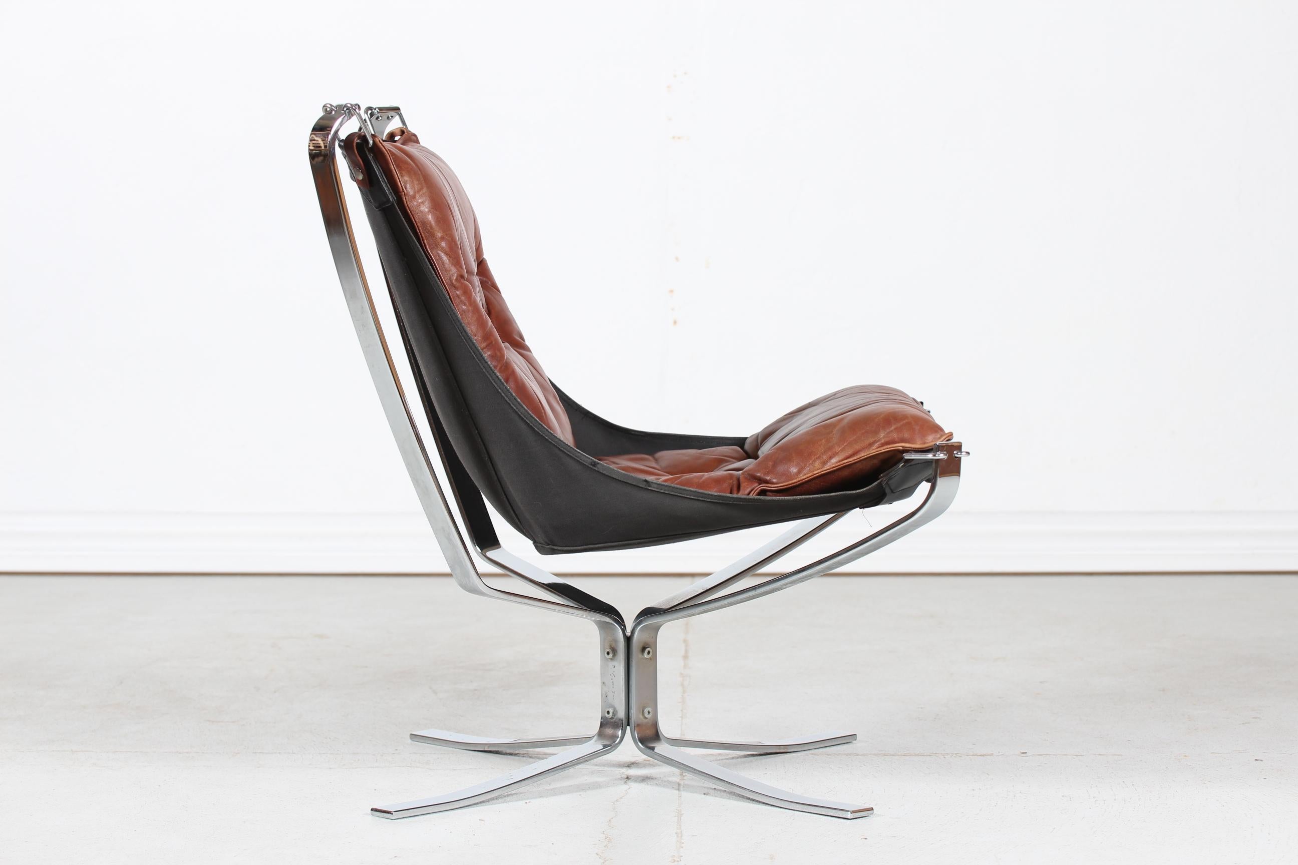 Late 20th Century Sigurd Ressell Falcon Chair with Brown Leather Cushions by Vatne Møbler Norway