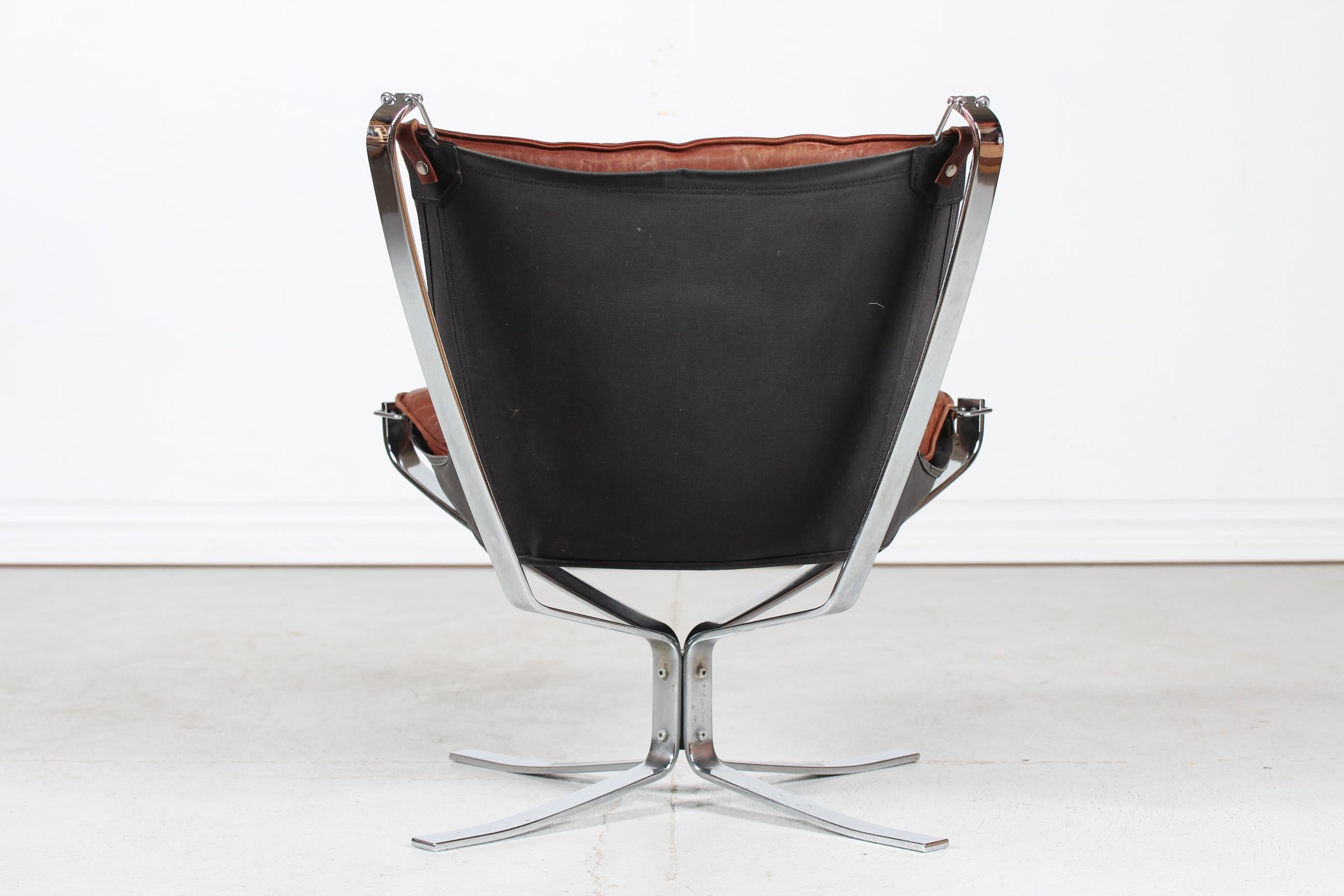 Steel Sigurd Ressell Falcon Chair with Brown Leather Cushions by Vatne Møbler Norway