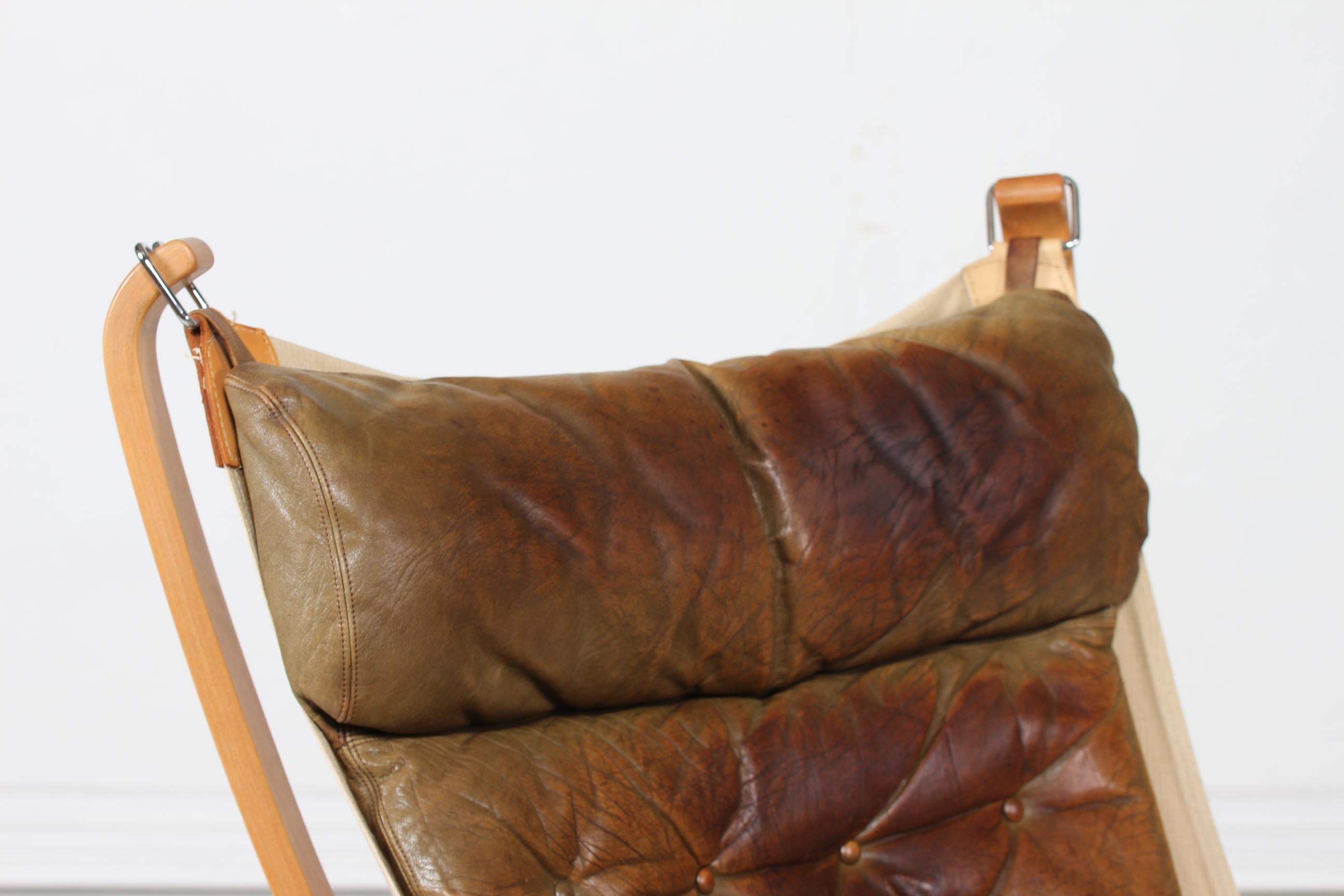 Sigurd Ressell Falcon Chair with Brown Leather Cushions by Vatne Møbler Norway In Good Condition In Aarhus C, DK