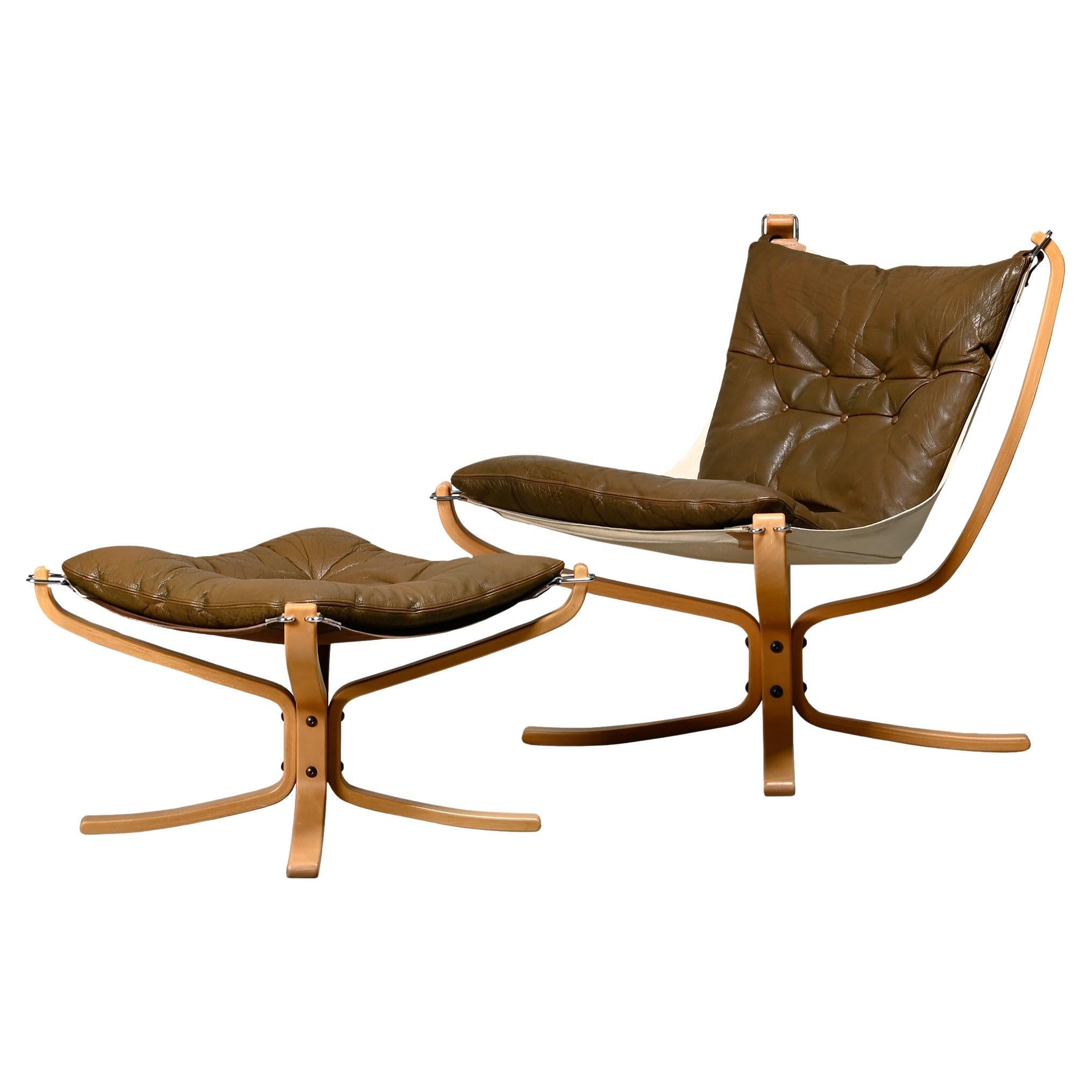 Sigurd Ressell Falcon Chair with Ottoman in brown leather for Vatne Møbler, 1970