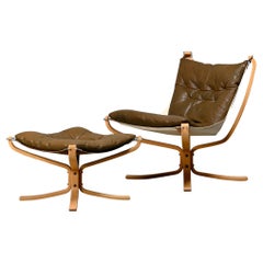 Sigurd Ressell Falcon Chair with Ottoman in brown leather for Vatne Møbler, 1970