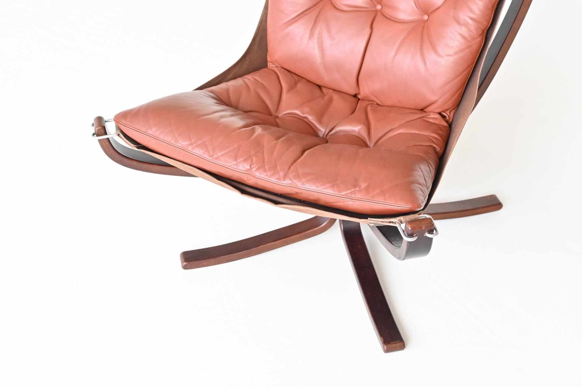 Leather Sigurd Ressell Falcon Lounge Chair Cognac Brown Vatne Mobler Norway, 1970