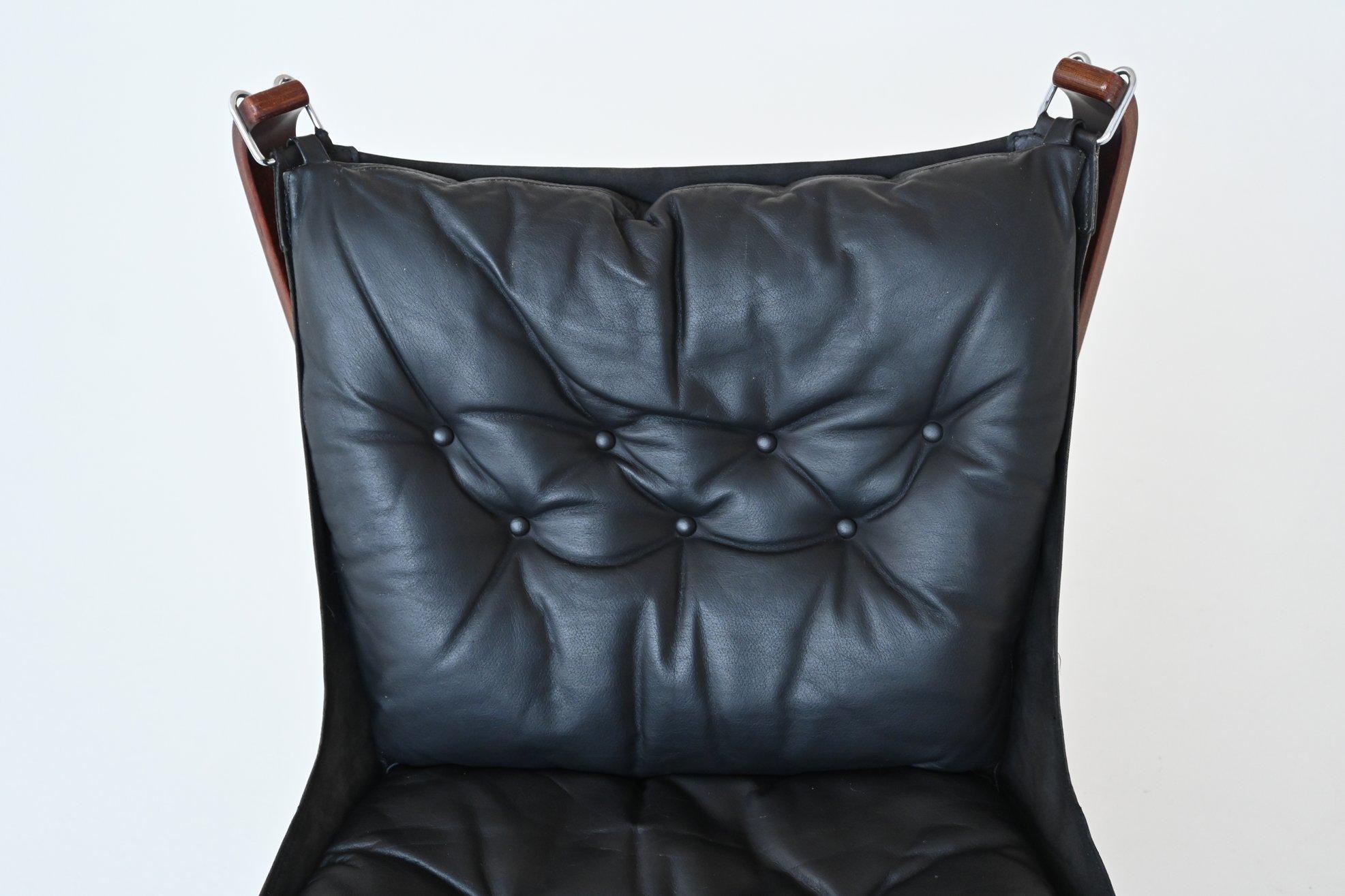 Sigurd Ressell Falcon lounge chair in black leather Vatne Norway 1970 2