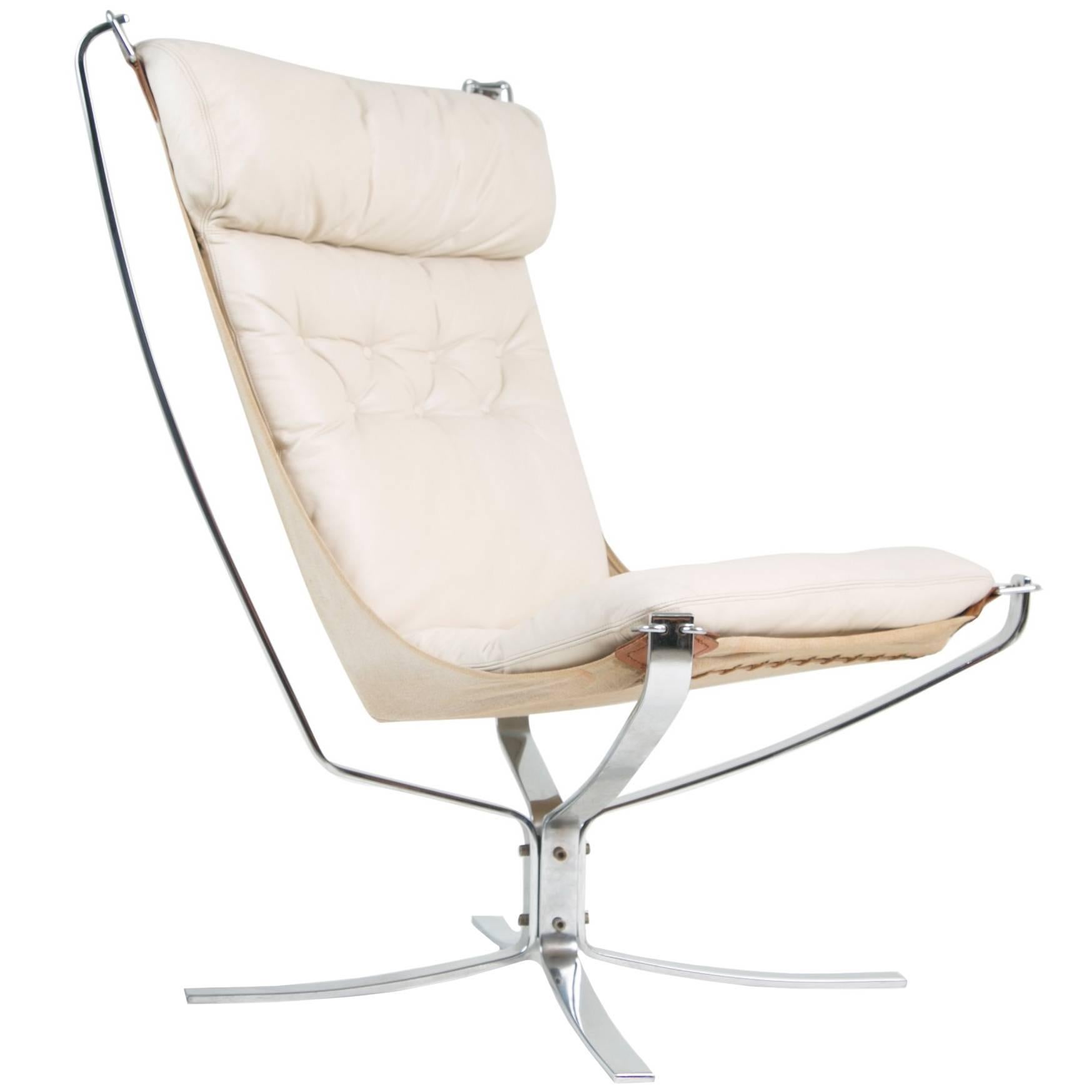 Sigurd Ressell for Vatne Møbler High Back Chrome and White Leather Falcon Chair