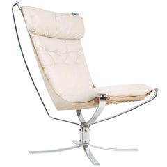 Vintage Sigurd Ressell for Vatne Møbler High Back Chrome and White Leather Falcon Chair