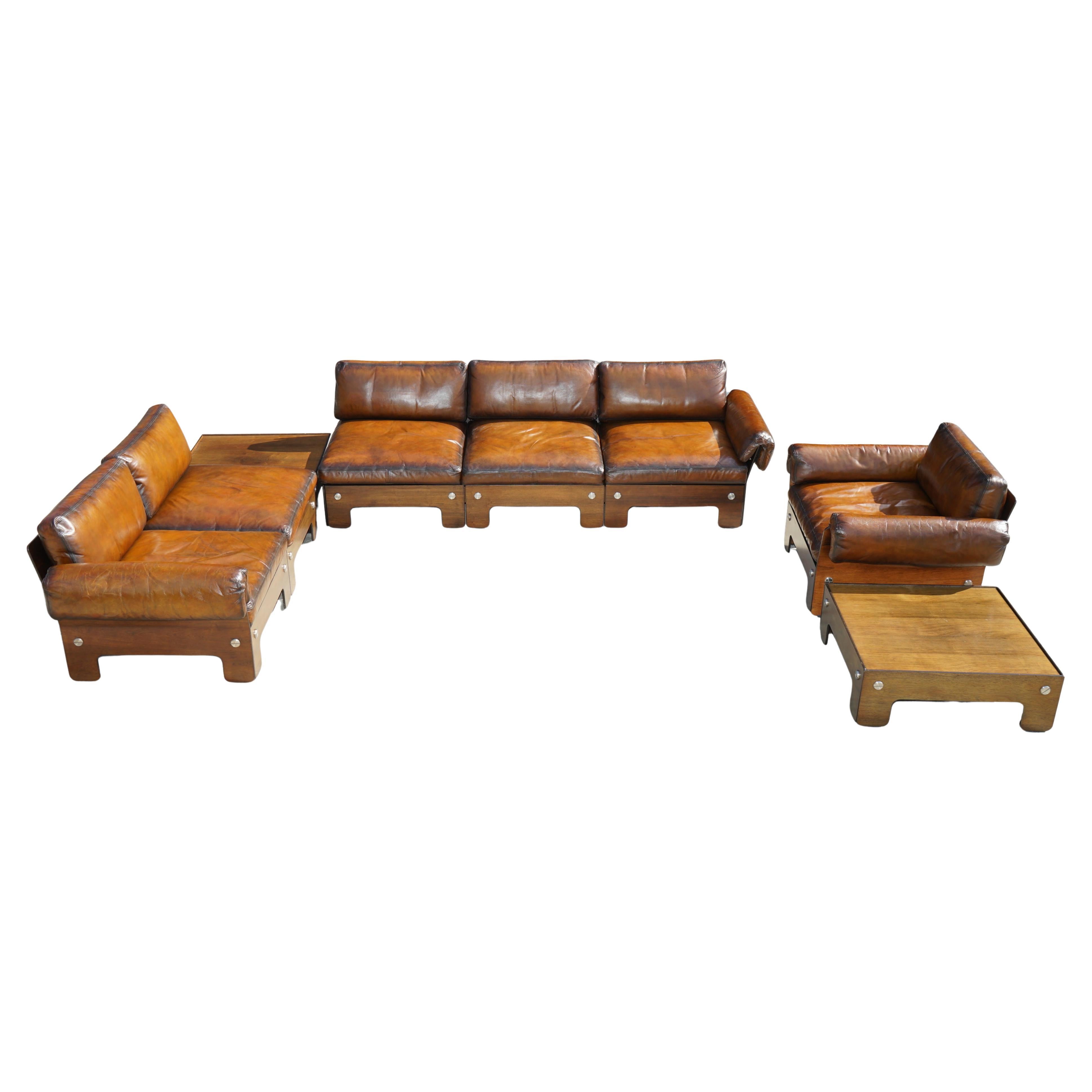 SIGURD RESSELL FOR VATNE MOBLER HARDWOOD BROWN LEATHER SOFA ARMCHAiR TABLE SUITE For Sale