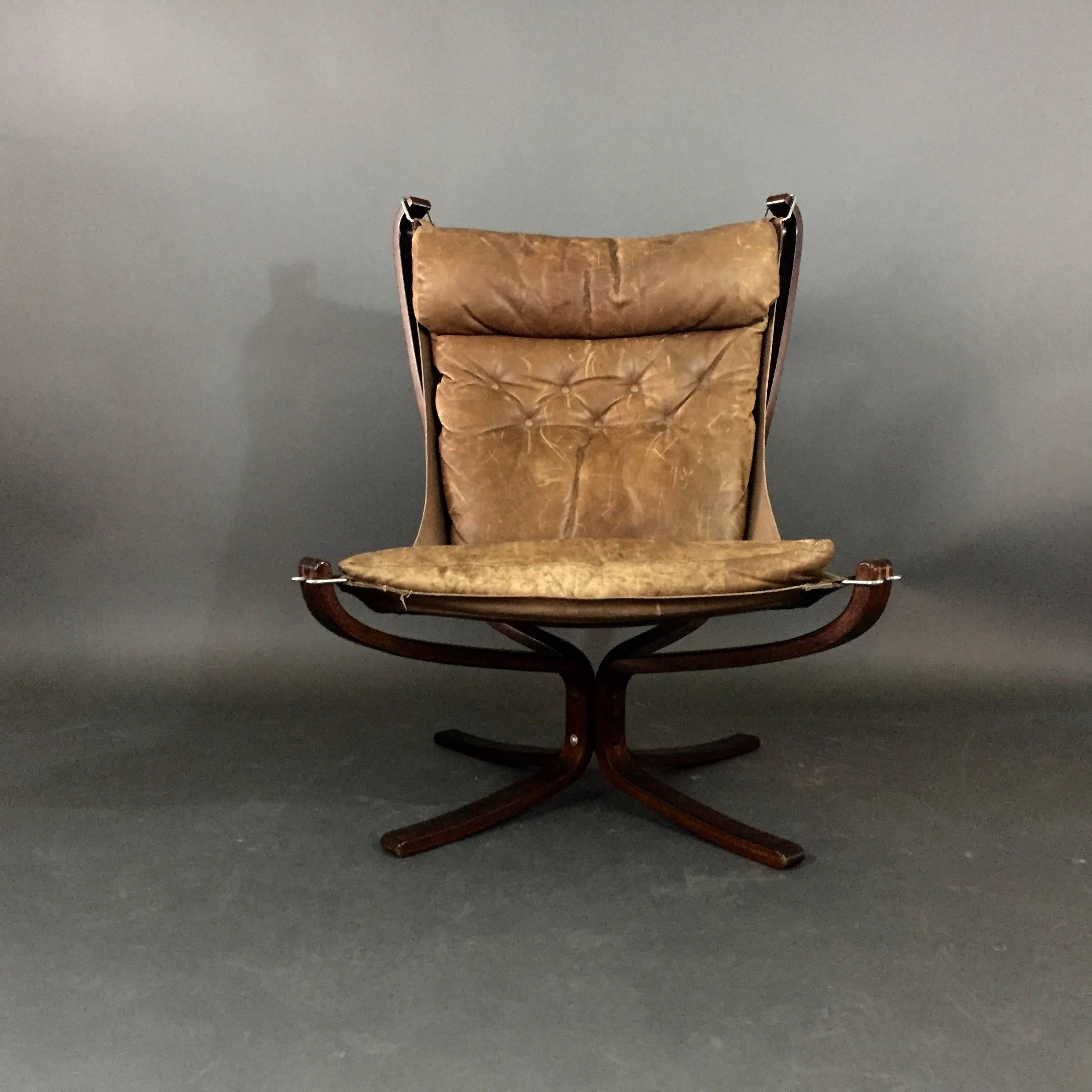 Norwegian Sigurd Ressell High Back Cognac Leather Falcon Chair