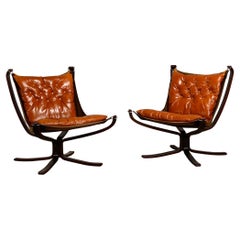 Sigurd Ressell pair Falcon Chairs in brown leather for Vatne Møbler, Norway 1970