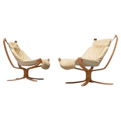 Sigurd Ressell paire de chaises longues Falcon en cuir, toile et bouleau des années 1970