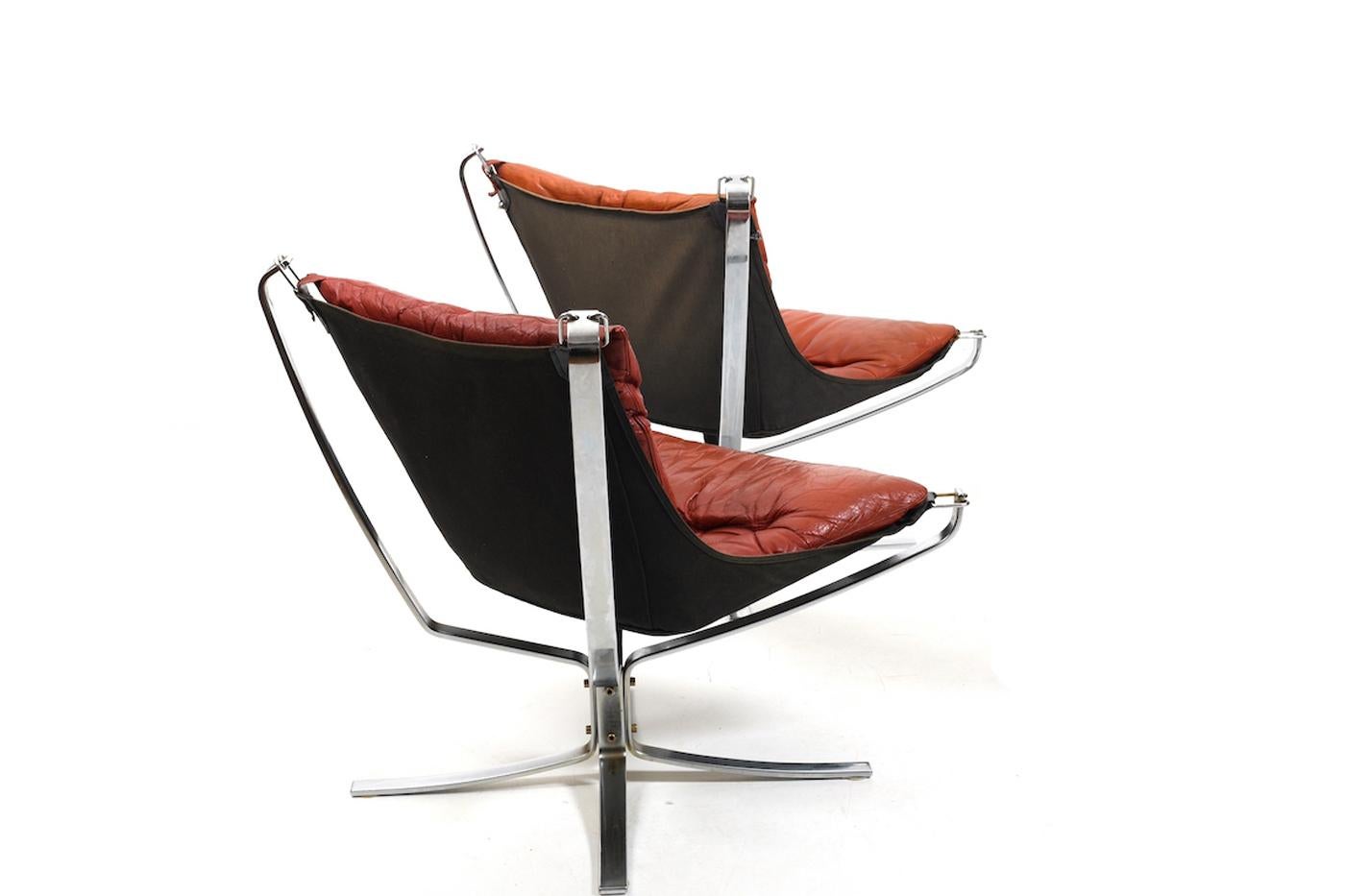 Norwegian Sigurd Ressell Set of Chrome and Leather Falcon Chairs 1970s